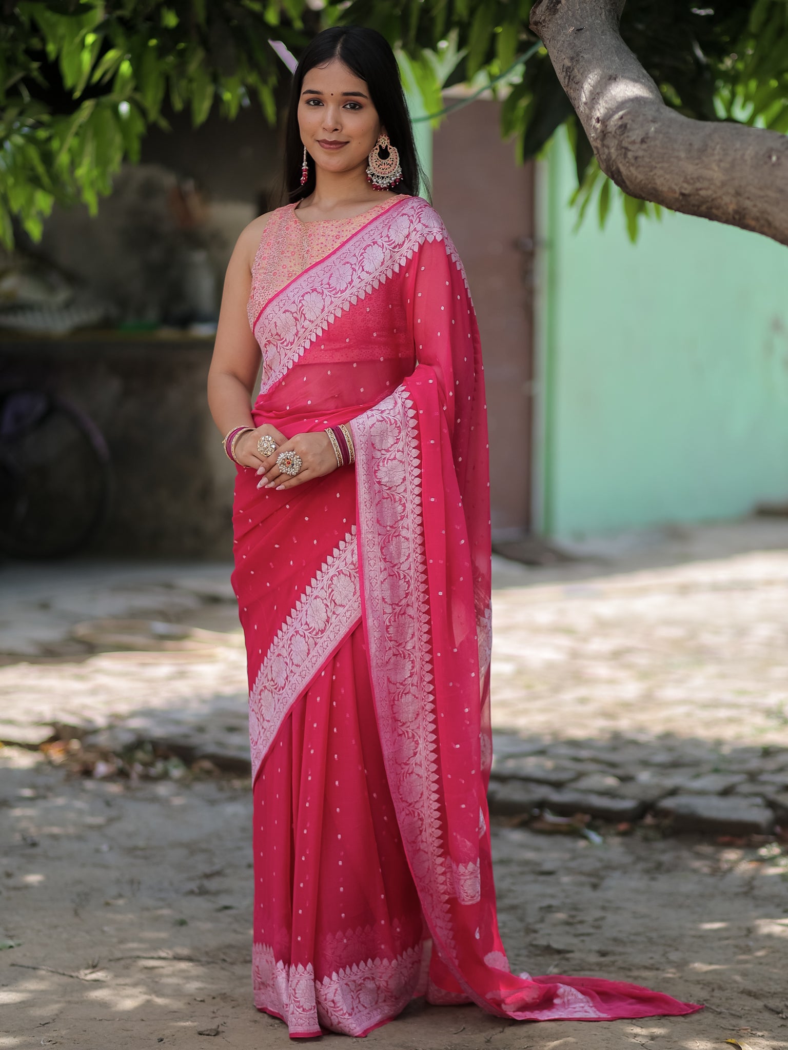 Banarasi Pure Khaddi Georgette Saree With Buti Weaving- Pink