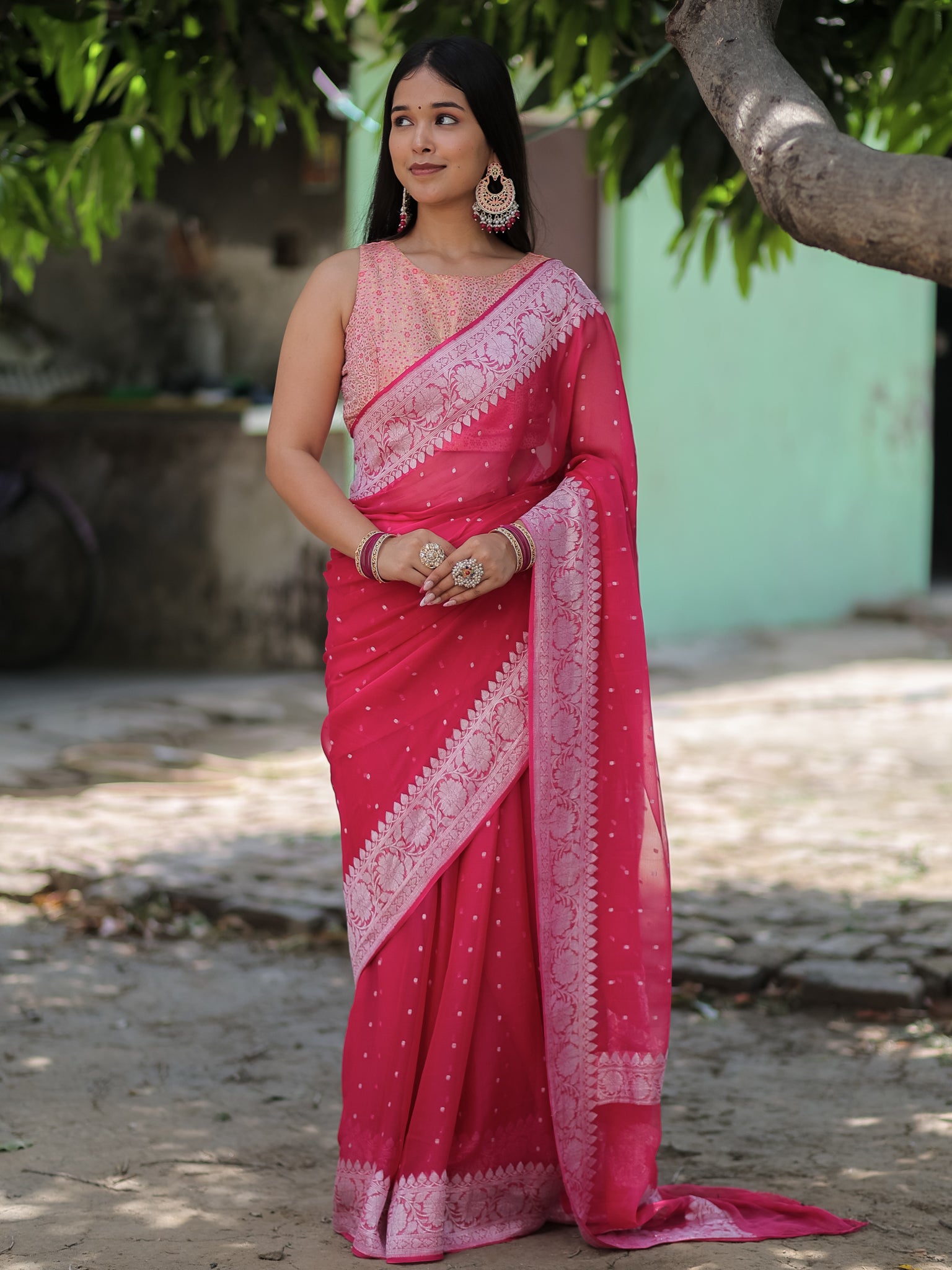 Banarasi Pure Khaddi Georgette Saree With Buti Weaving- Pink