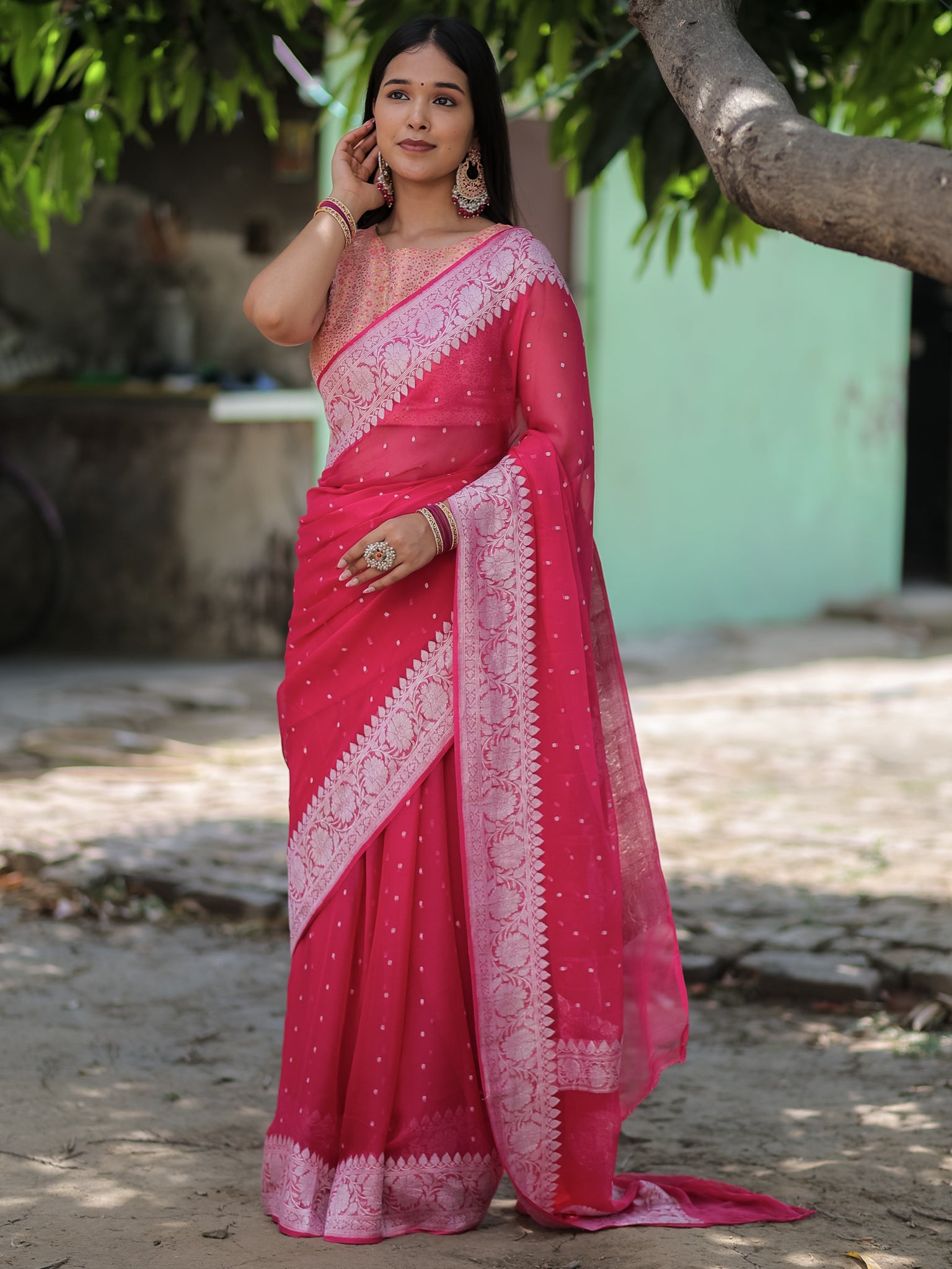 Banarasi Pure Khaddi Georgette Saree With Buti Weaving- Pink