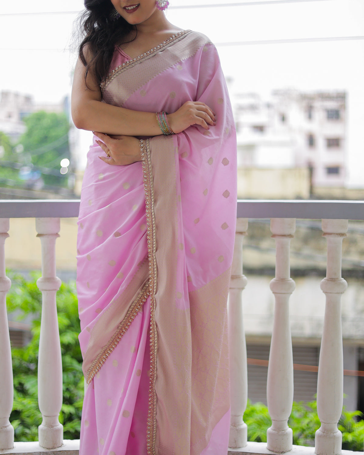 Banarasi Cotton Silk Saree With Zari Weaving & Lace Border- Lavender