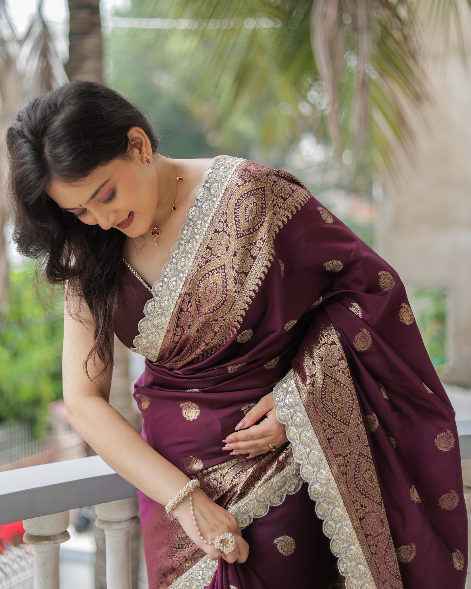 Banarasi Cotton Silk Saree with Lace Border- Wine