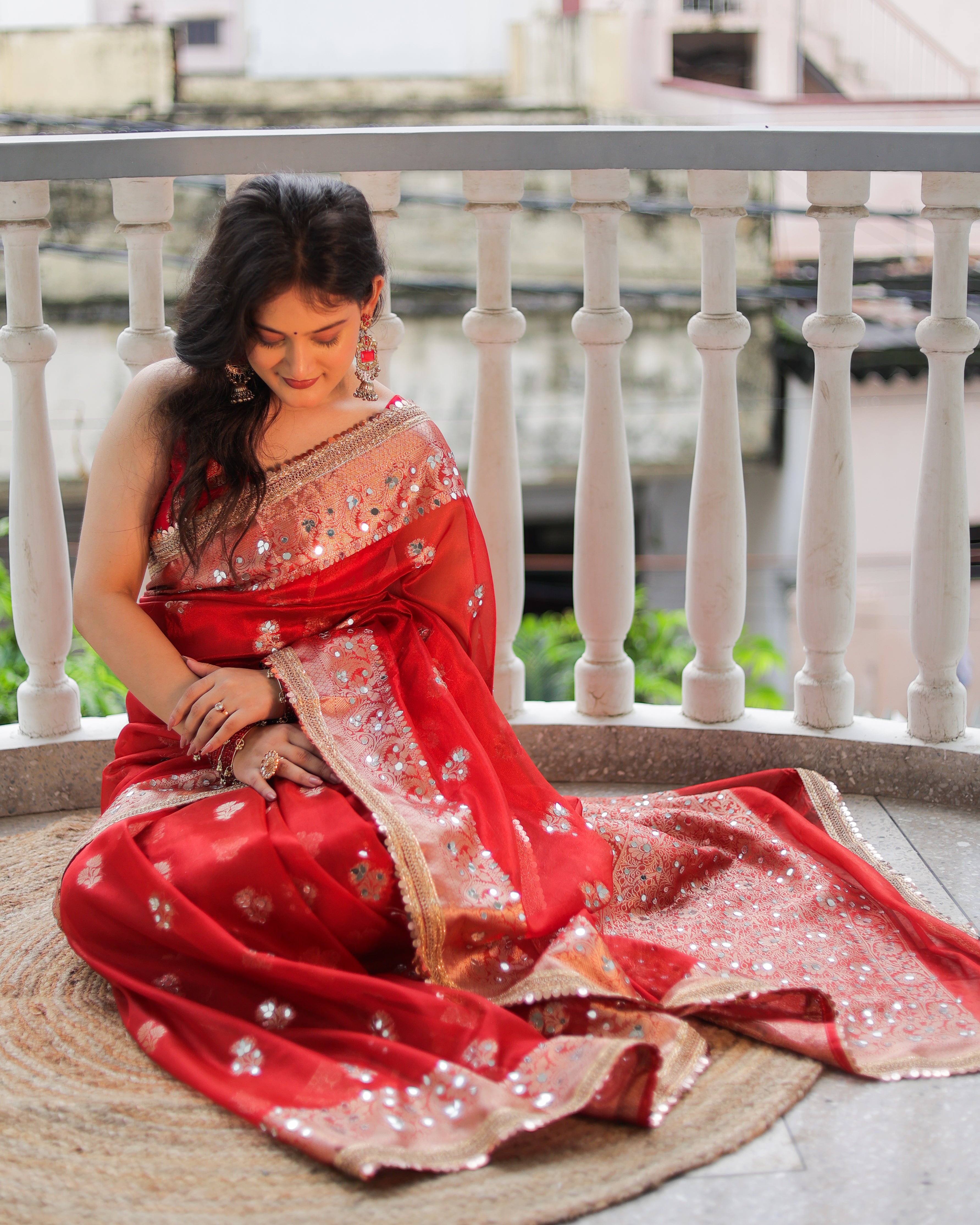 Banarasi Mirror Work Tissue Saree with Lace Border - Red