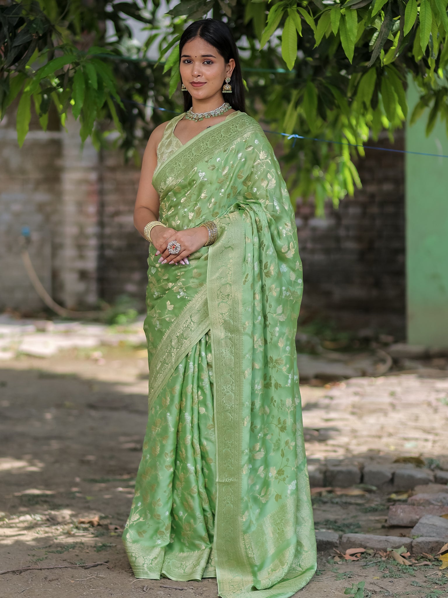 Banarasi Satin Silk Saree With Floral Weaving & Border- Green