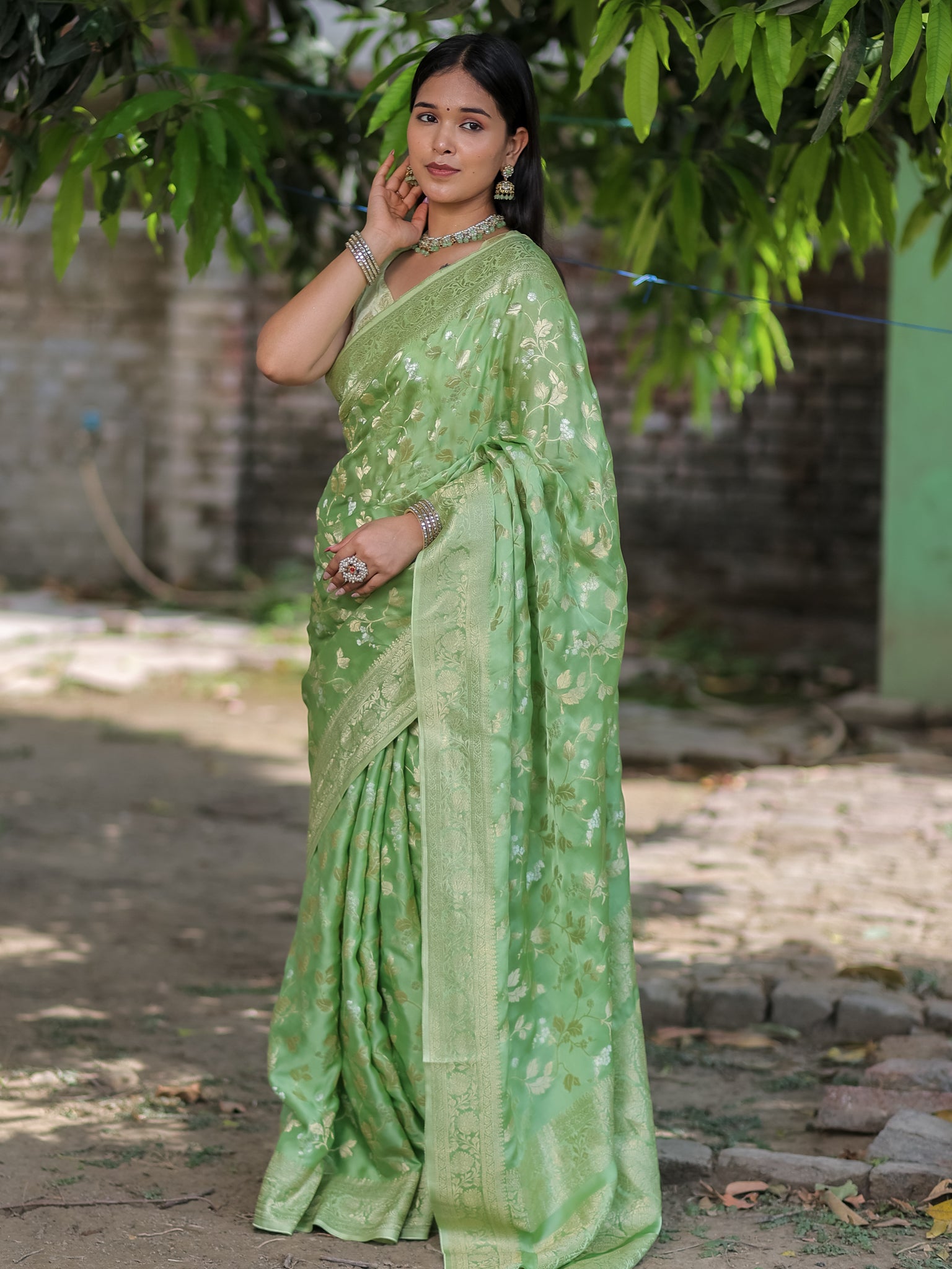 Banarasi Satin Silk Saree With Floral Weaving & Border- Green