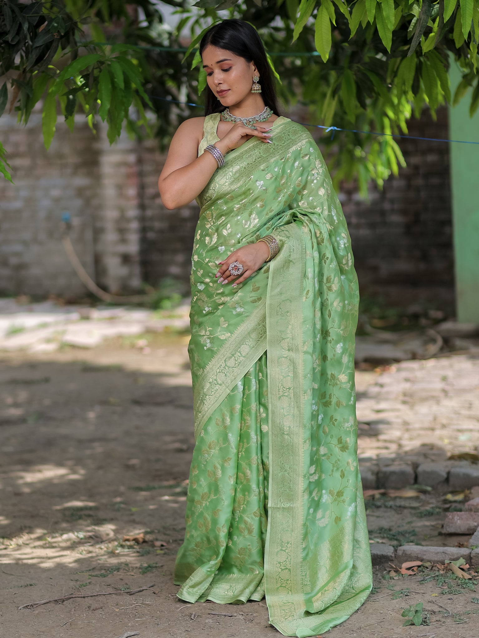 Banarasi Satin Silk Saree With Floral Weaving & Border- Green