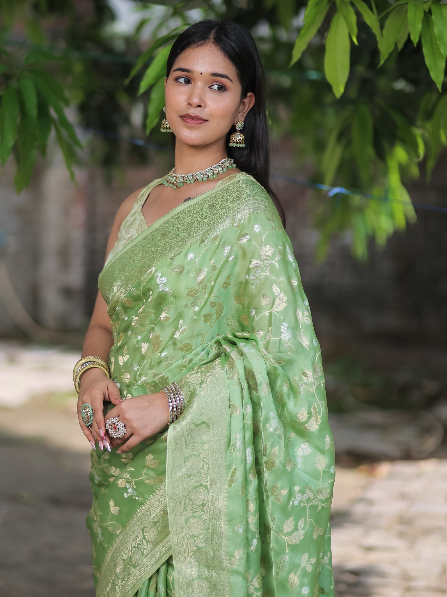 Banarasi Satin Silk Saree With Floral Weaving & Border- Green