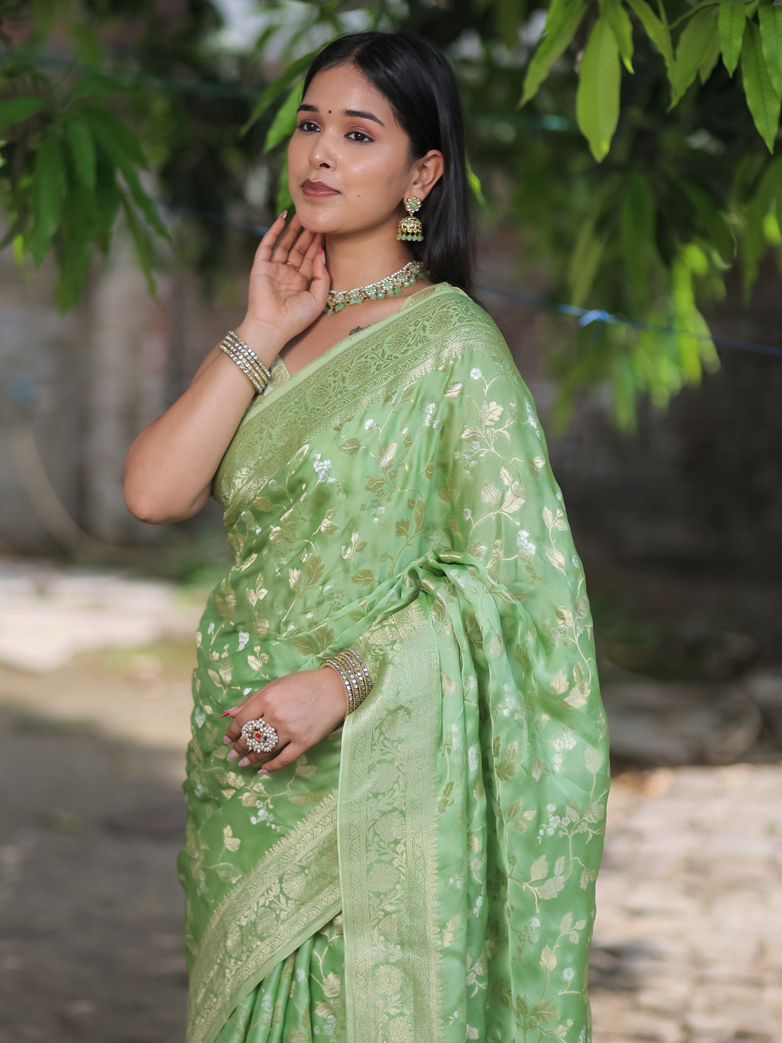 Banarasi Satin Silk Saree With Floral Weaving & Border- Green