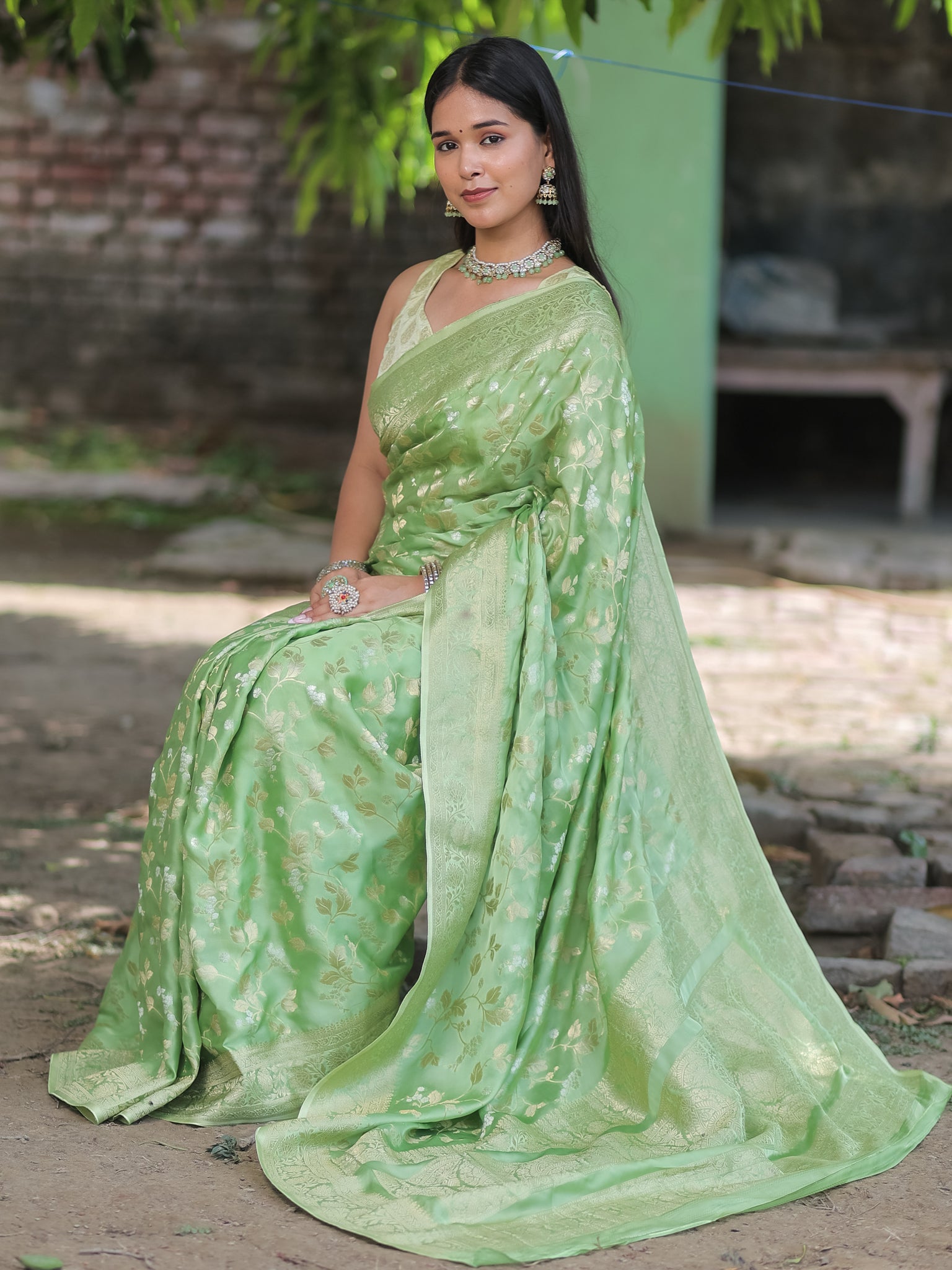 Banarasi Satin Silk Saree With Floral Weaving & Border- Green