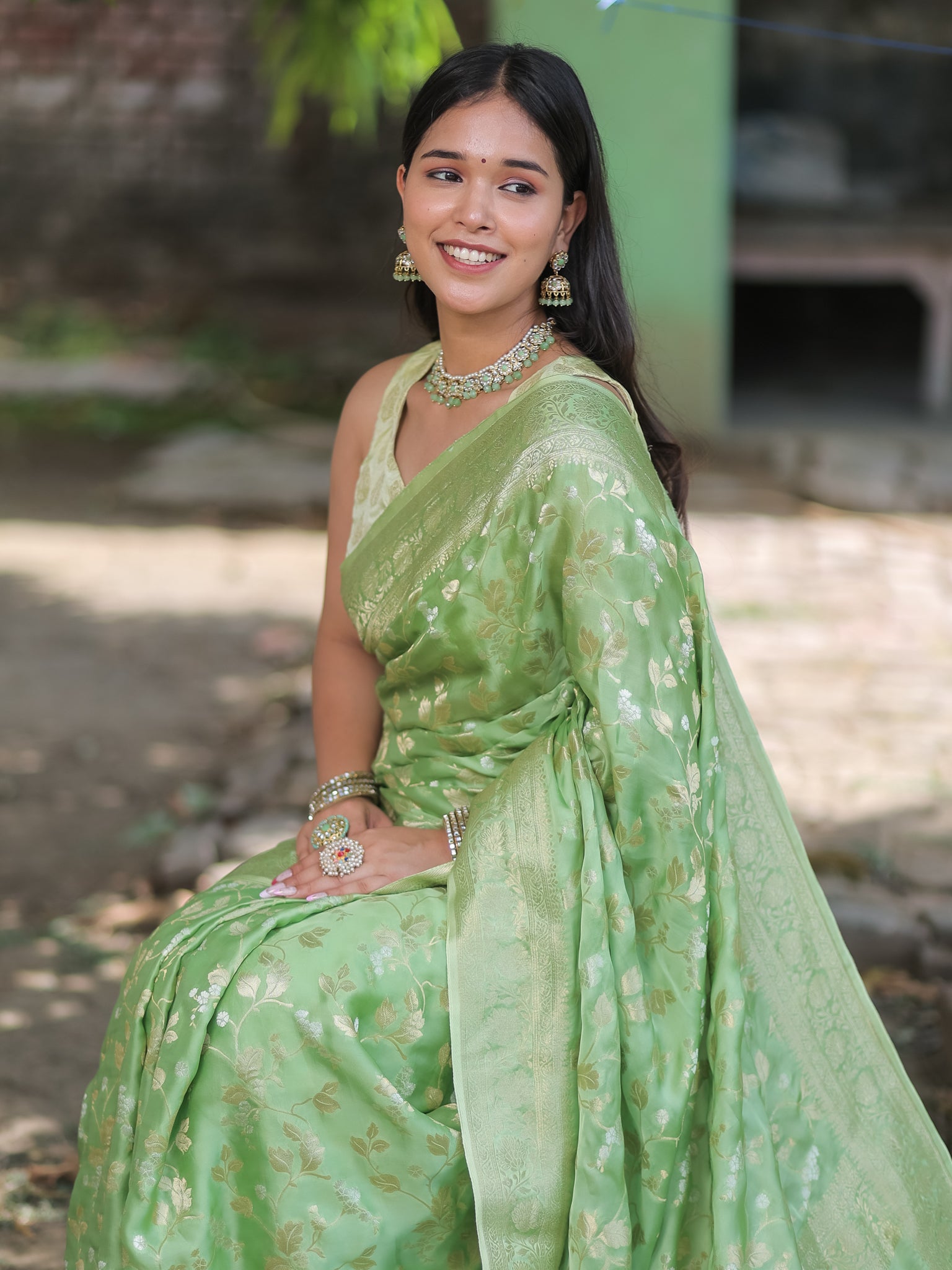 Banarasi Satin Silk Saree With Floral Weaving & Border- Green