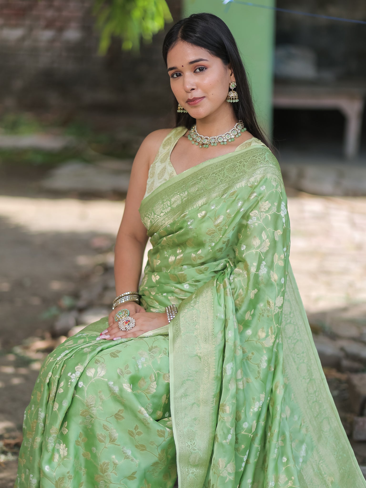 Banarasi Satin Silk Saree With Floral Weaving & Border- Green