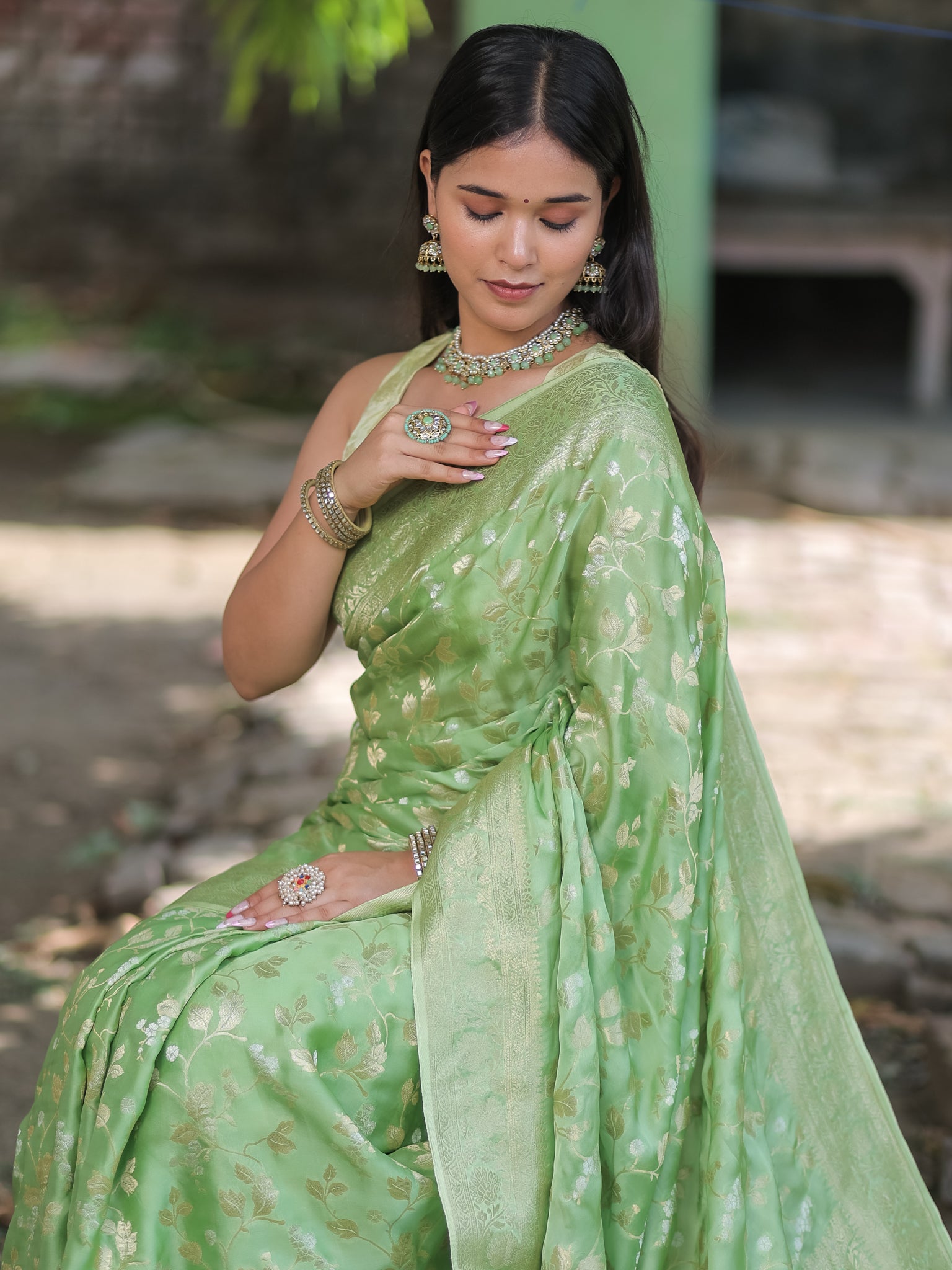 Banarasi Satin Silk Saree With Floral Weaving & Border- Green