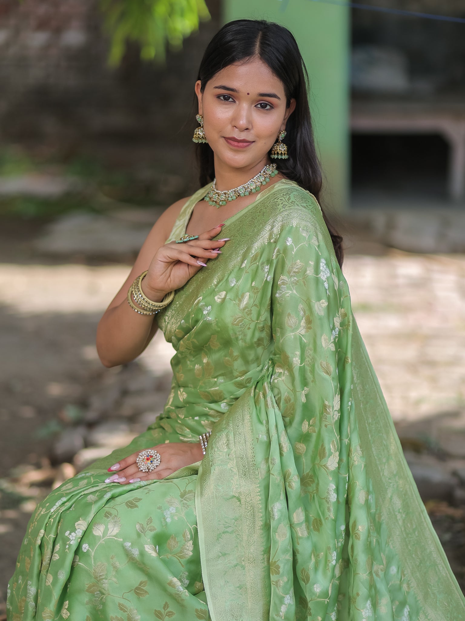 Banarasi Satin Silk Saree With Floral Weaving & Border- Green
