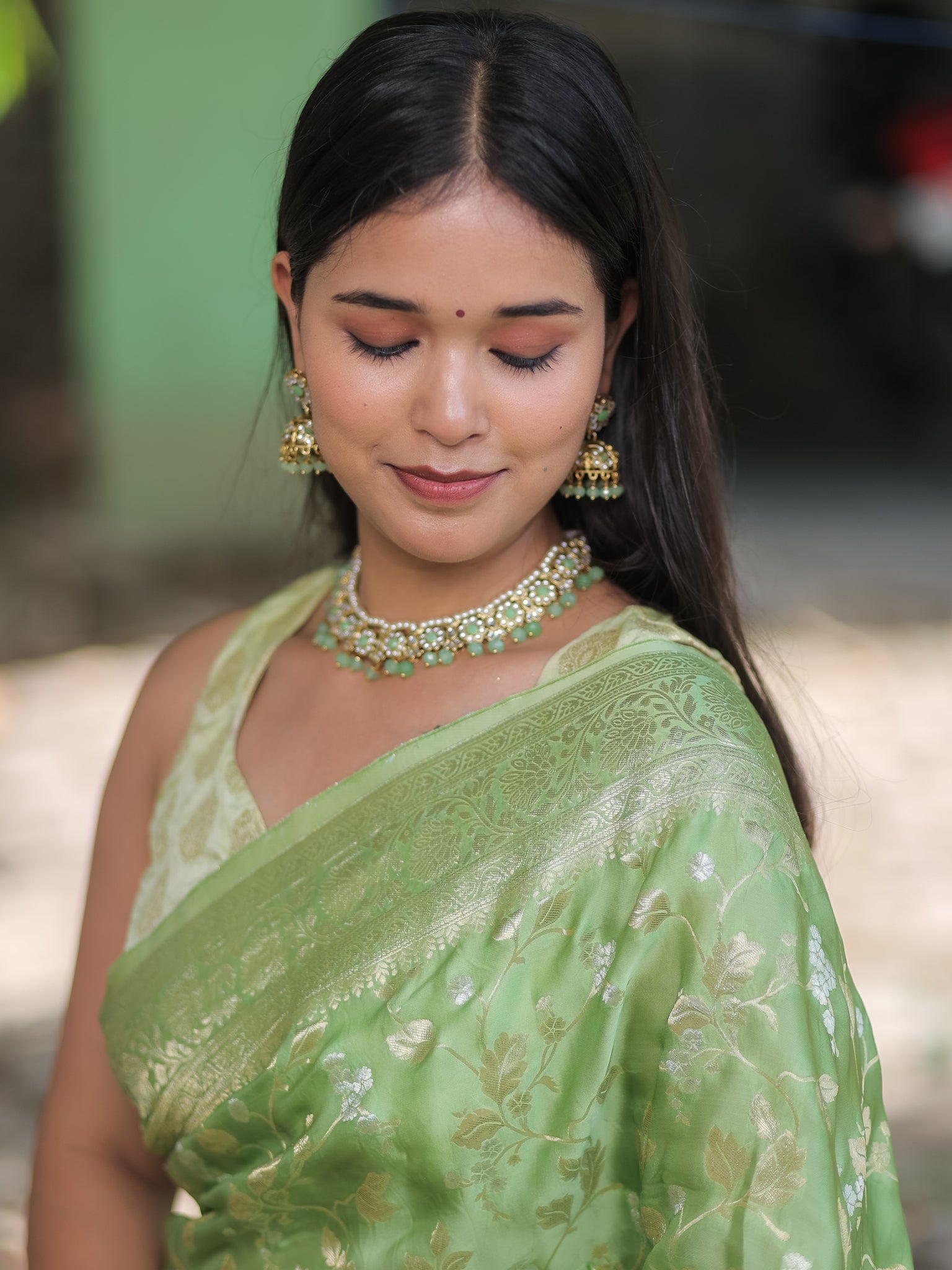 Banarasi Satin Silk Saree With Floral Weaving & Border- Green