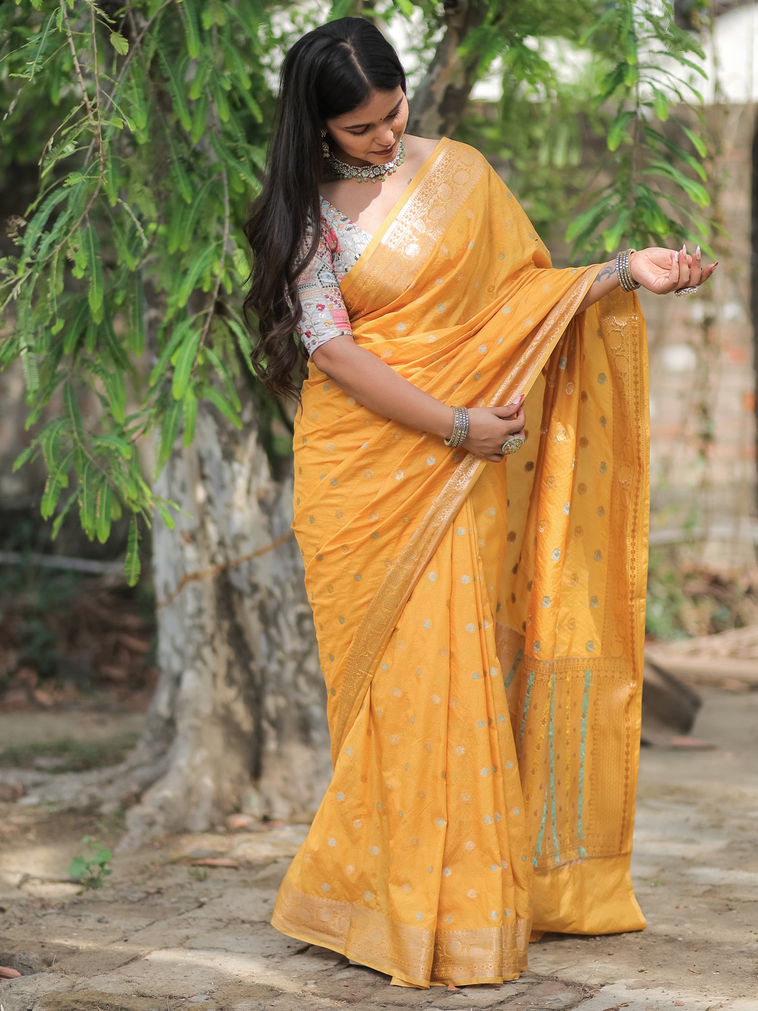 Banarasi Semi Silk Saree With Zari Weaving & Border- Yellow