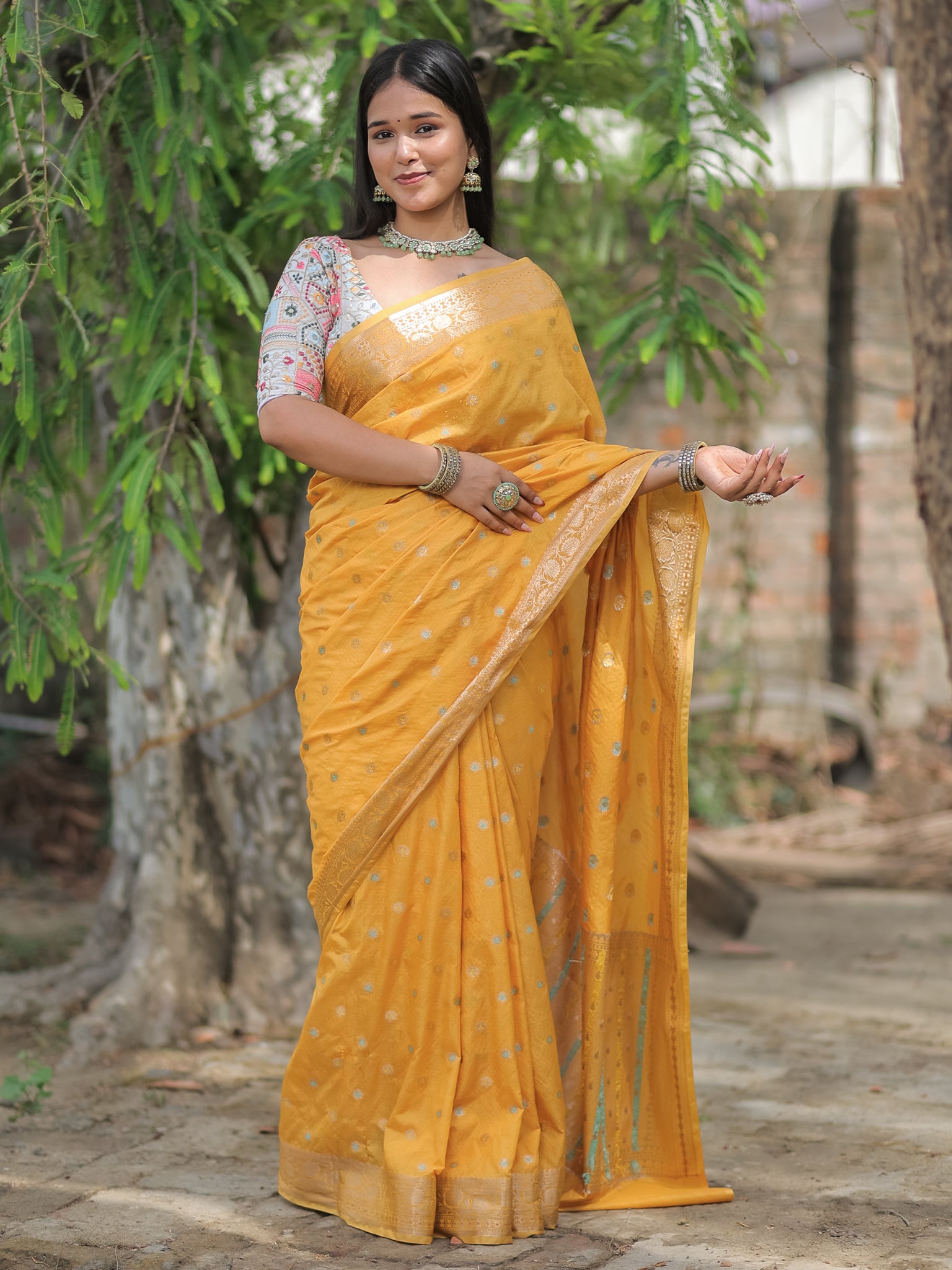 Banarasi Semi Silk Saree With Zari Weaving & Border- Yellow