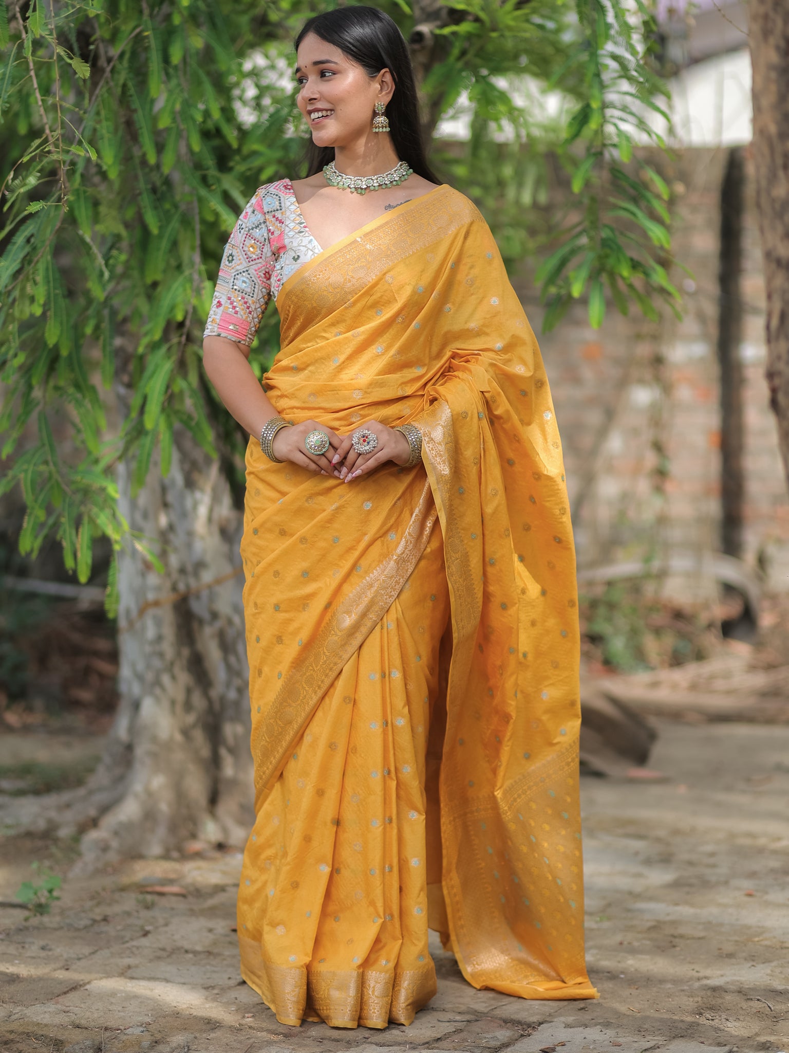 Banarasi Semi Silk Saree With Zari Weaving & Border- Yellow
