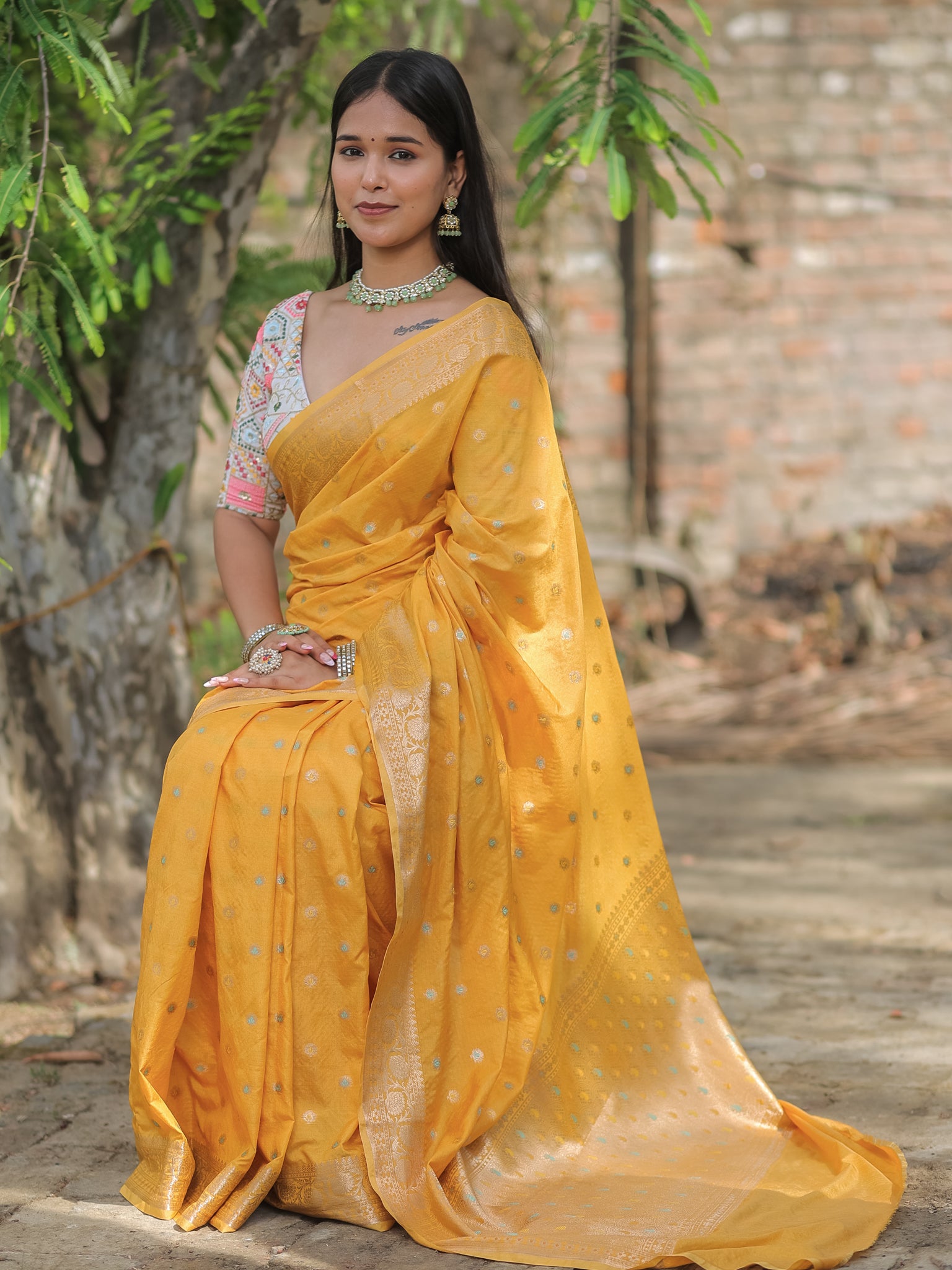 Banarasi Semi Silk Saree With Zari Weaving & Border- Yellow