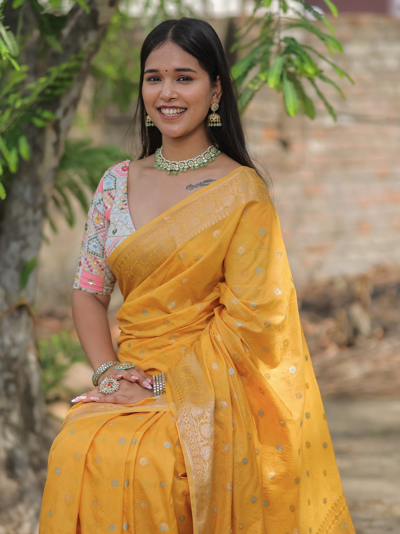 Banarasi Semi Silk Saree With Zari Weaving & Border- Yellow