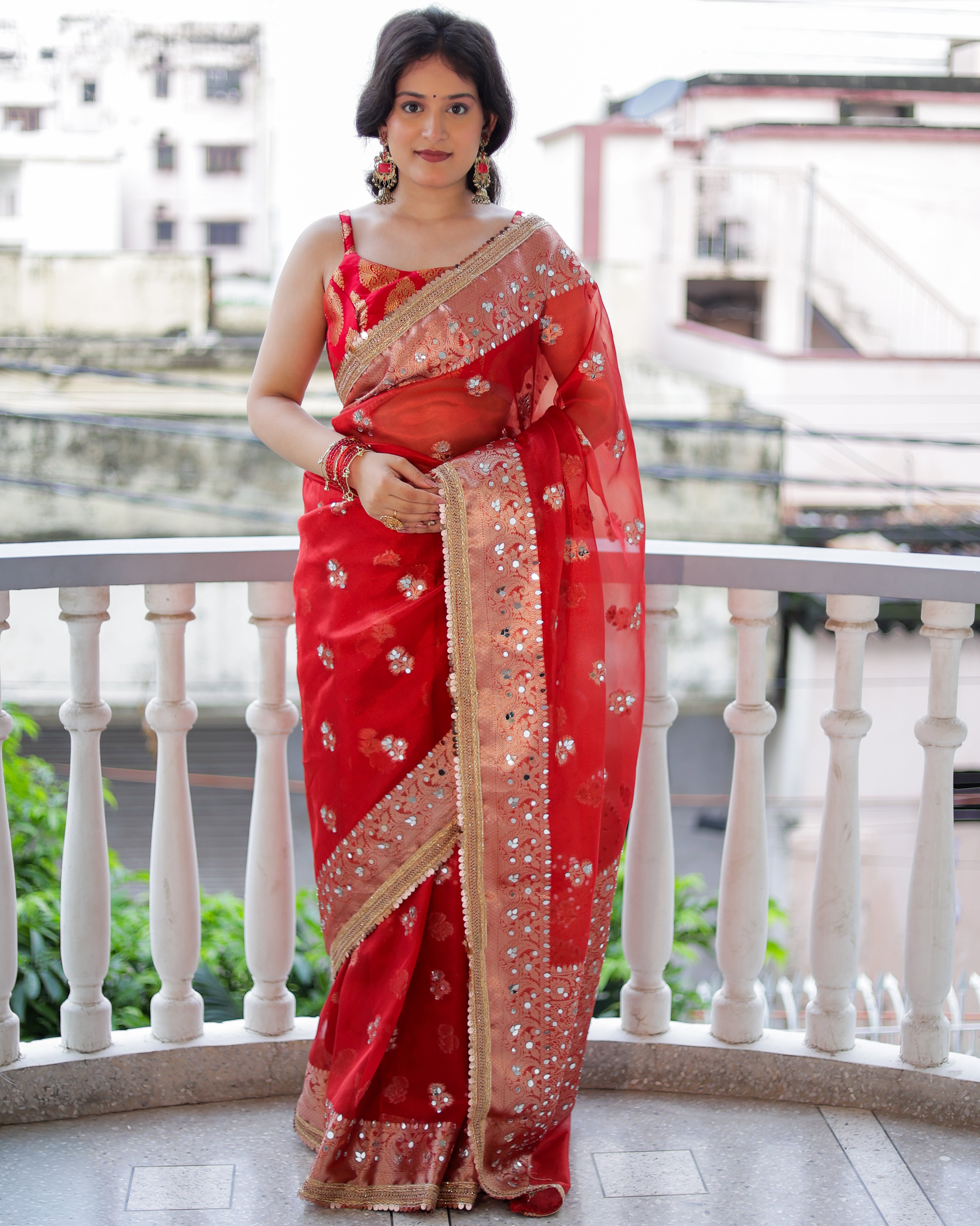 Banarasi Mirror Work Tissue Saree with Lace Border - Red