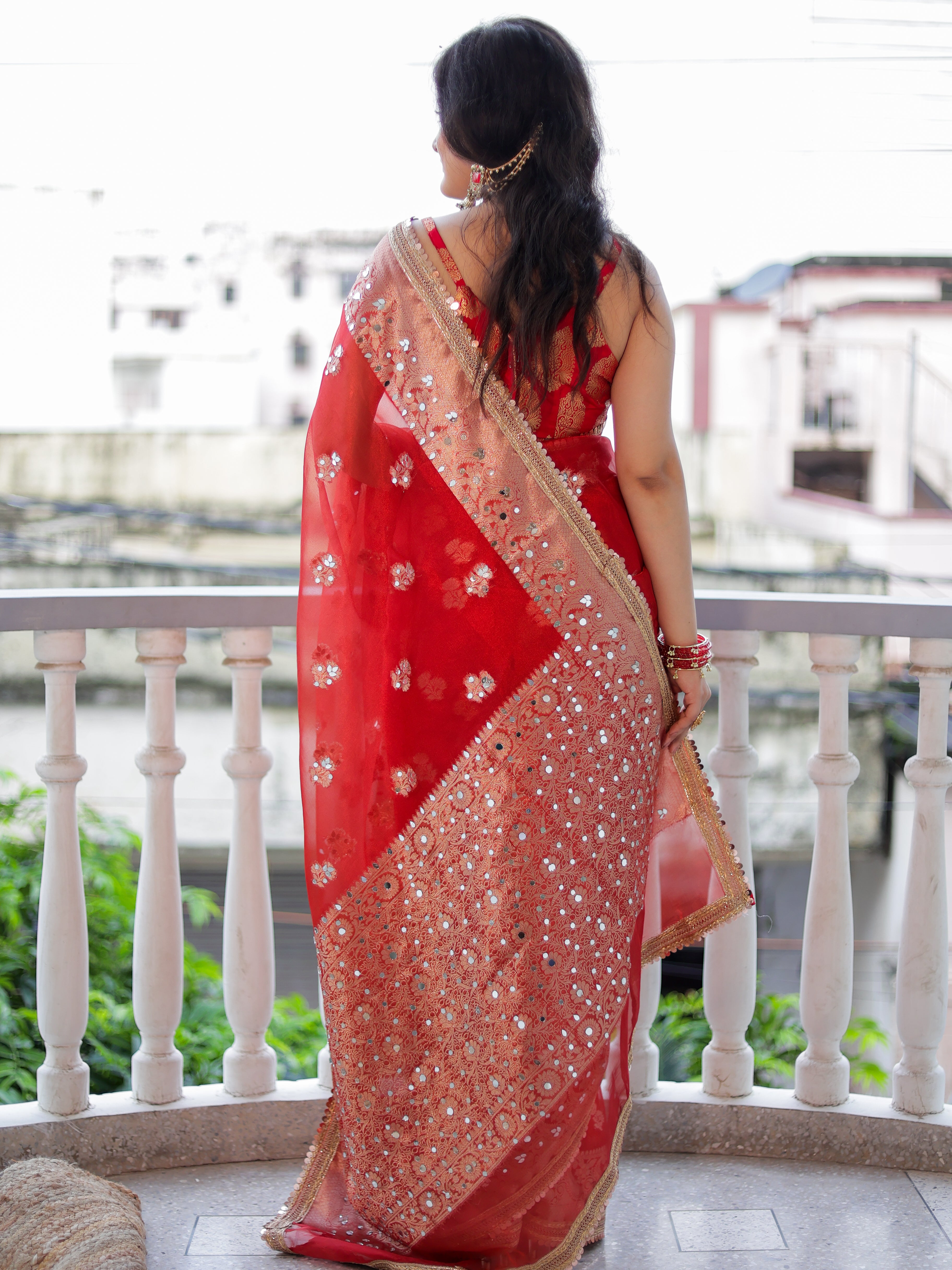 Banarasi Mirror Work Tissue Saree with Lace Border - Red