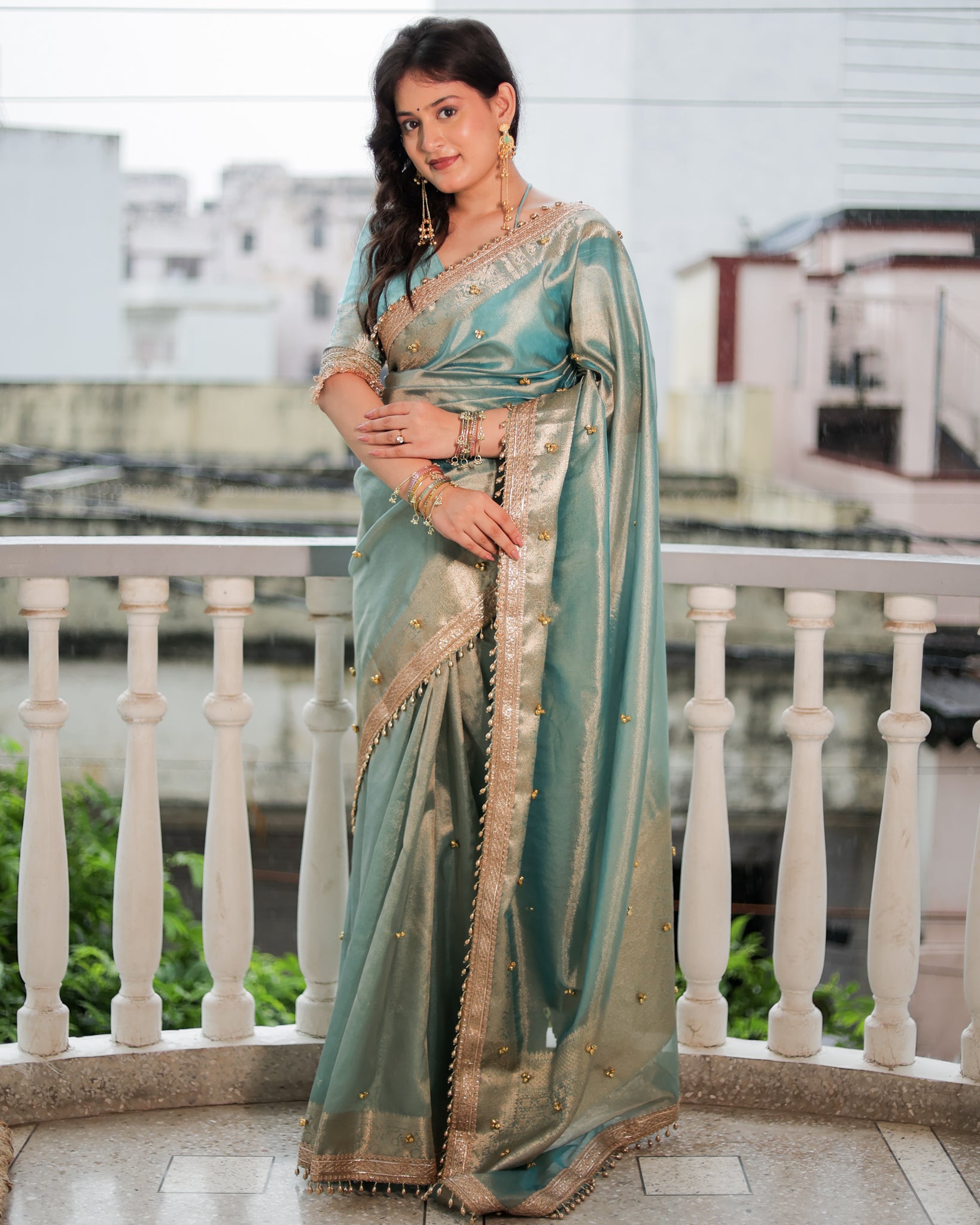 Banarasi Ghungroo Work Tissue Saree with Lace Border - Blue