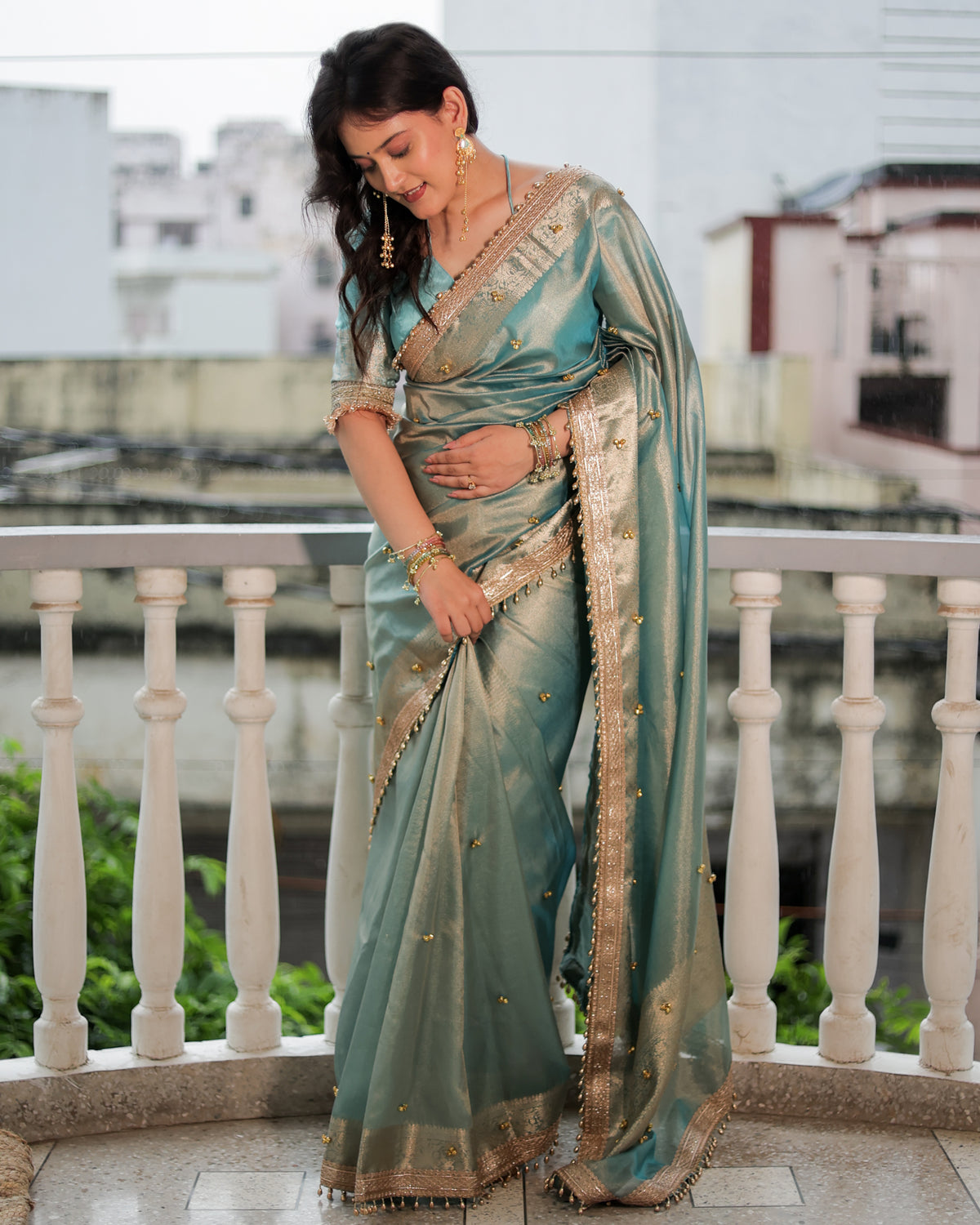 Banarasi Ghungroo Work Tissue Saree with Lace Border - Blue