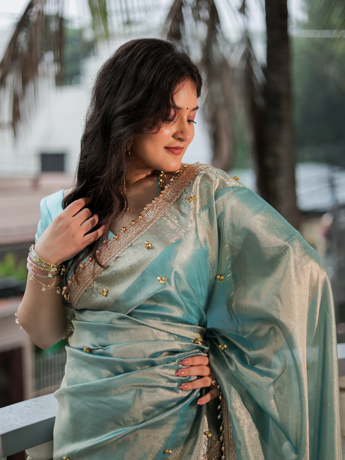 Banarasi Ghungroo Work Tissue Saree with Lace Border - Blue