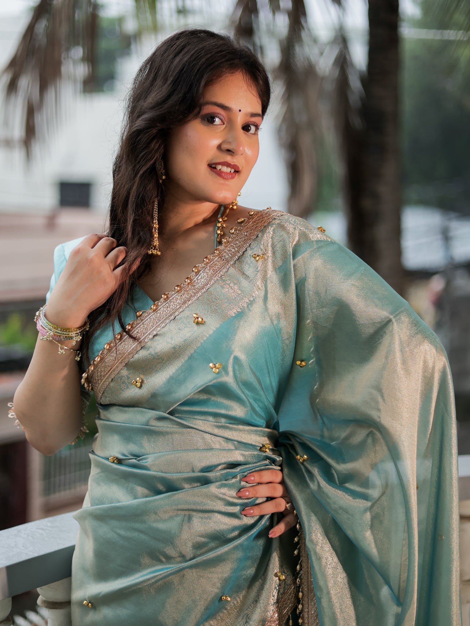 Banarasi Ghungroo Work Tissue Saree with Lace Border - Blue