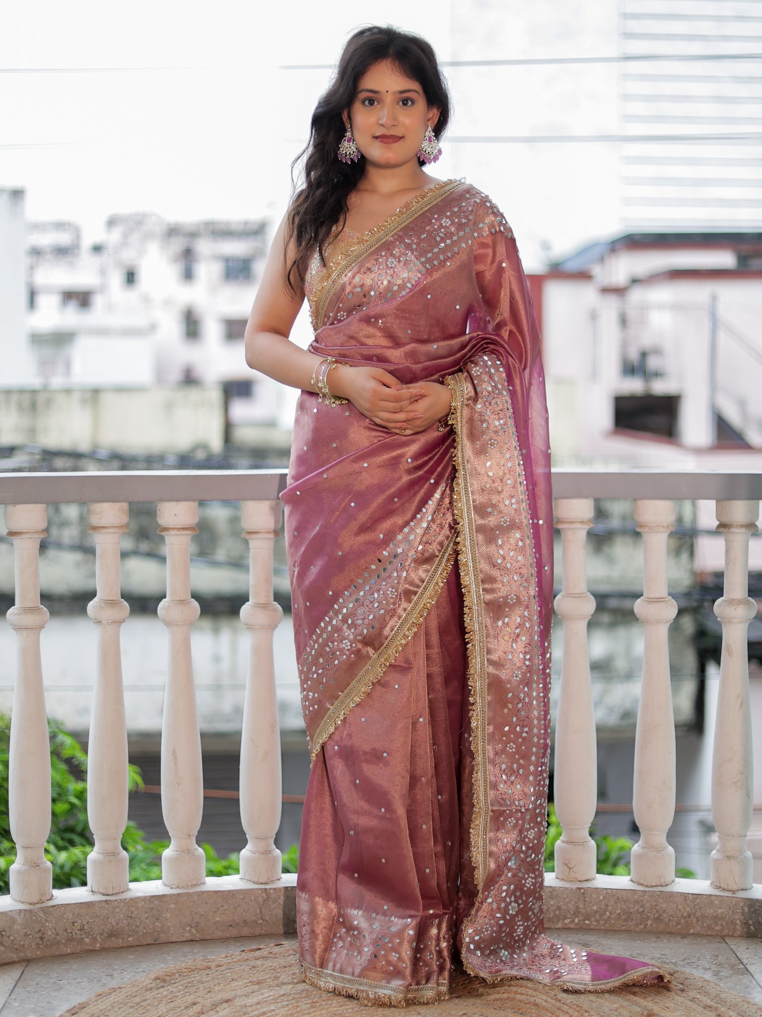 Banarasi Mirror Work Tissue Saree with Lace Border - Mauve