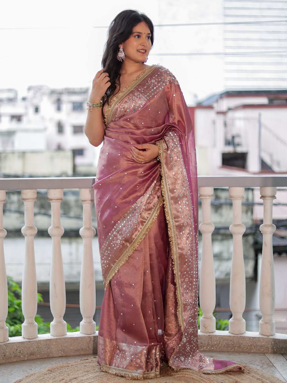 Banarasi Mirror Work Tissue Saree with Lace Border - Mauve