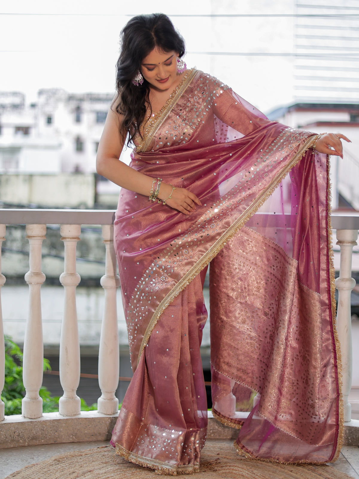 Banarasi Mirror Work Tissue Saree with Lace Border - Mauve