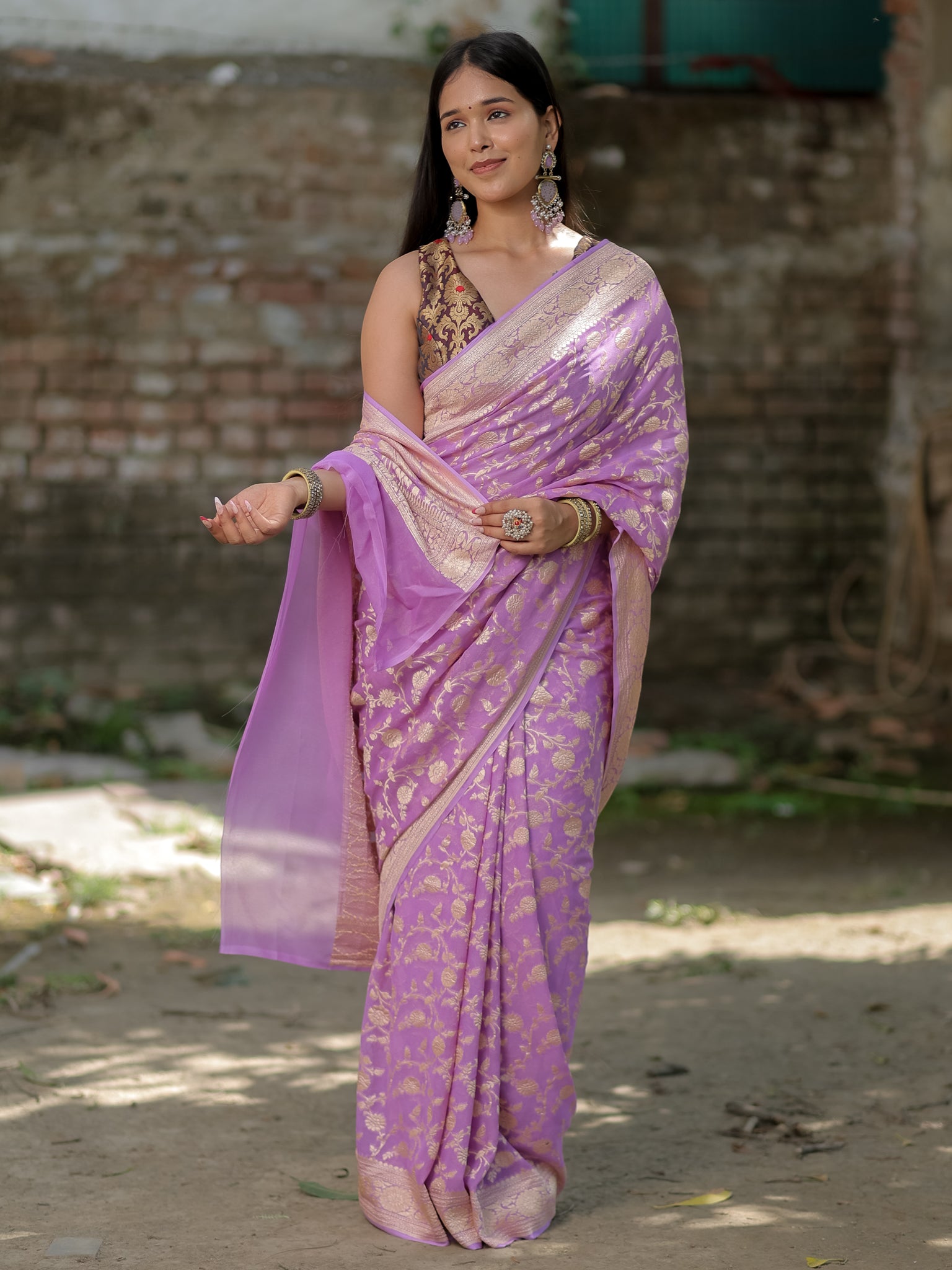 Banarasi Pure Khaddi Georgette Saree With Floral Weaving- Lavender