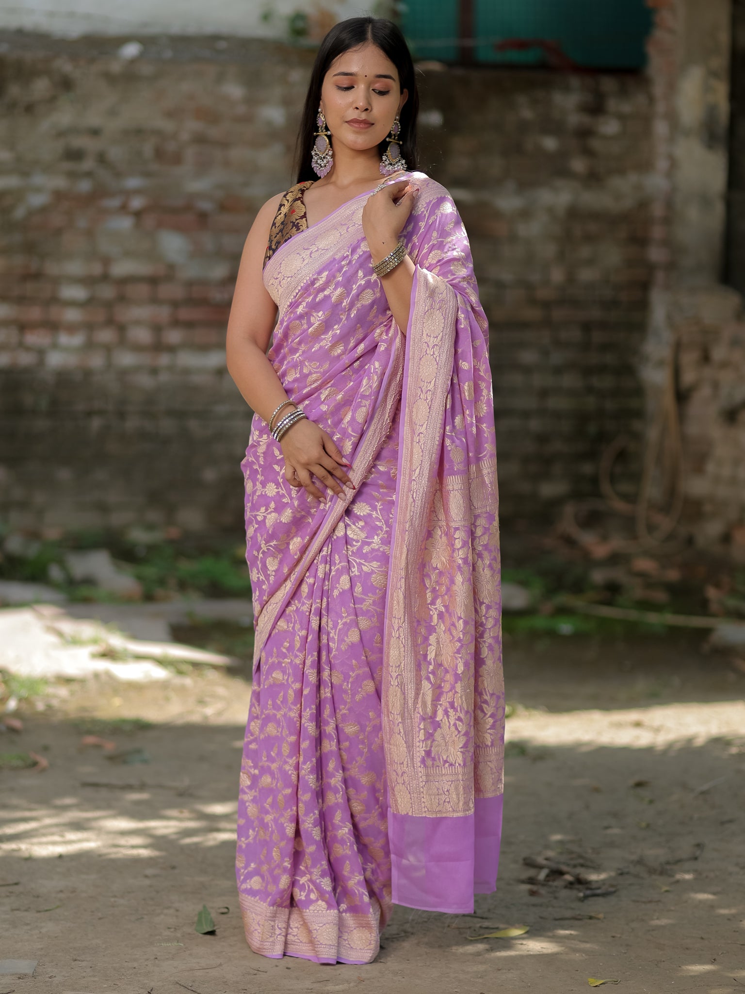 Banarasi Pure Khaddi Georgette Saree With Floral Weaving- Lavender