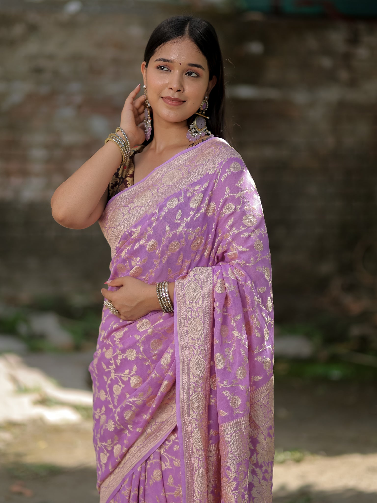 Banarasi Pure Khaddi Georgette Saree With Floral Weaving- Lavender