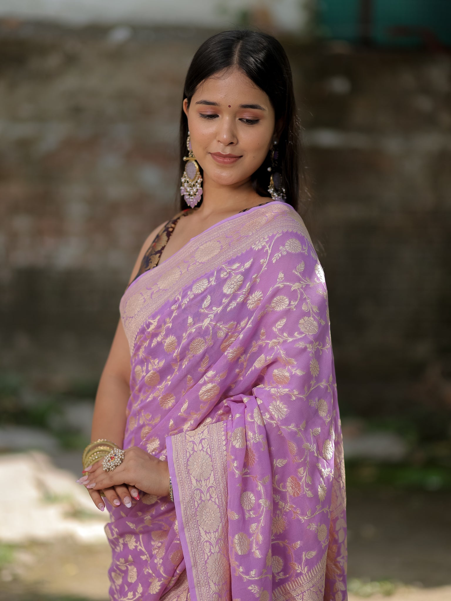 Banarasi Pure Khaddi Georgette Saree With Floral Weaving- Lavender
