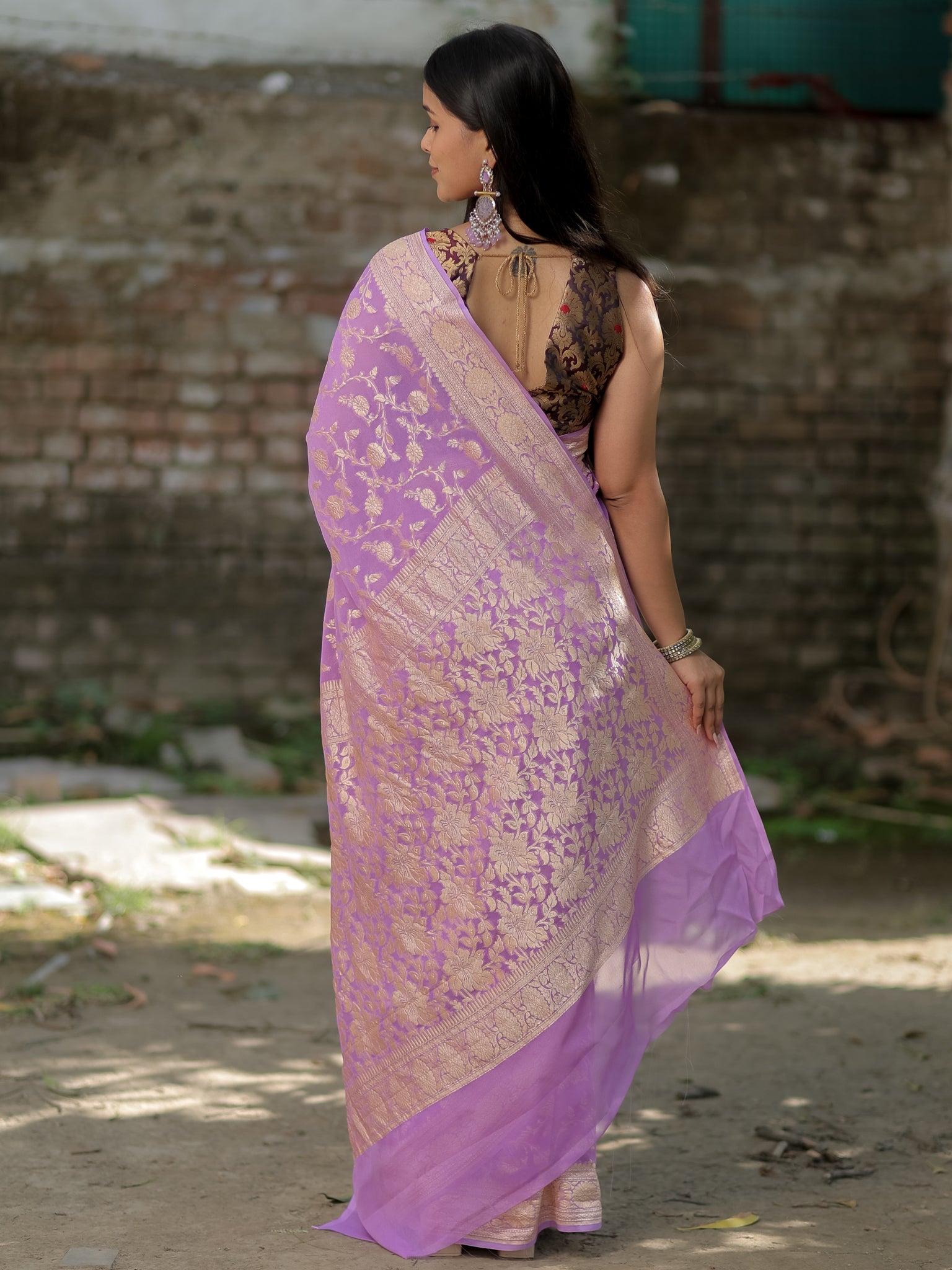 Banarasi Pure Khaddi Georgette Saree With Floral Weaving- Lavender