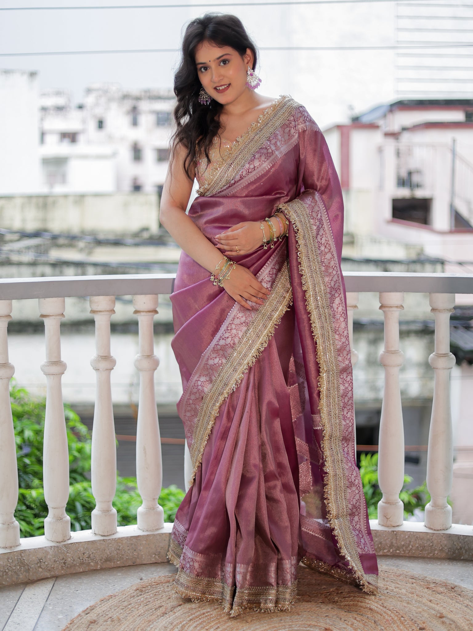 Banarasi Plain Tissue Saree with Lace Border - Mauve