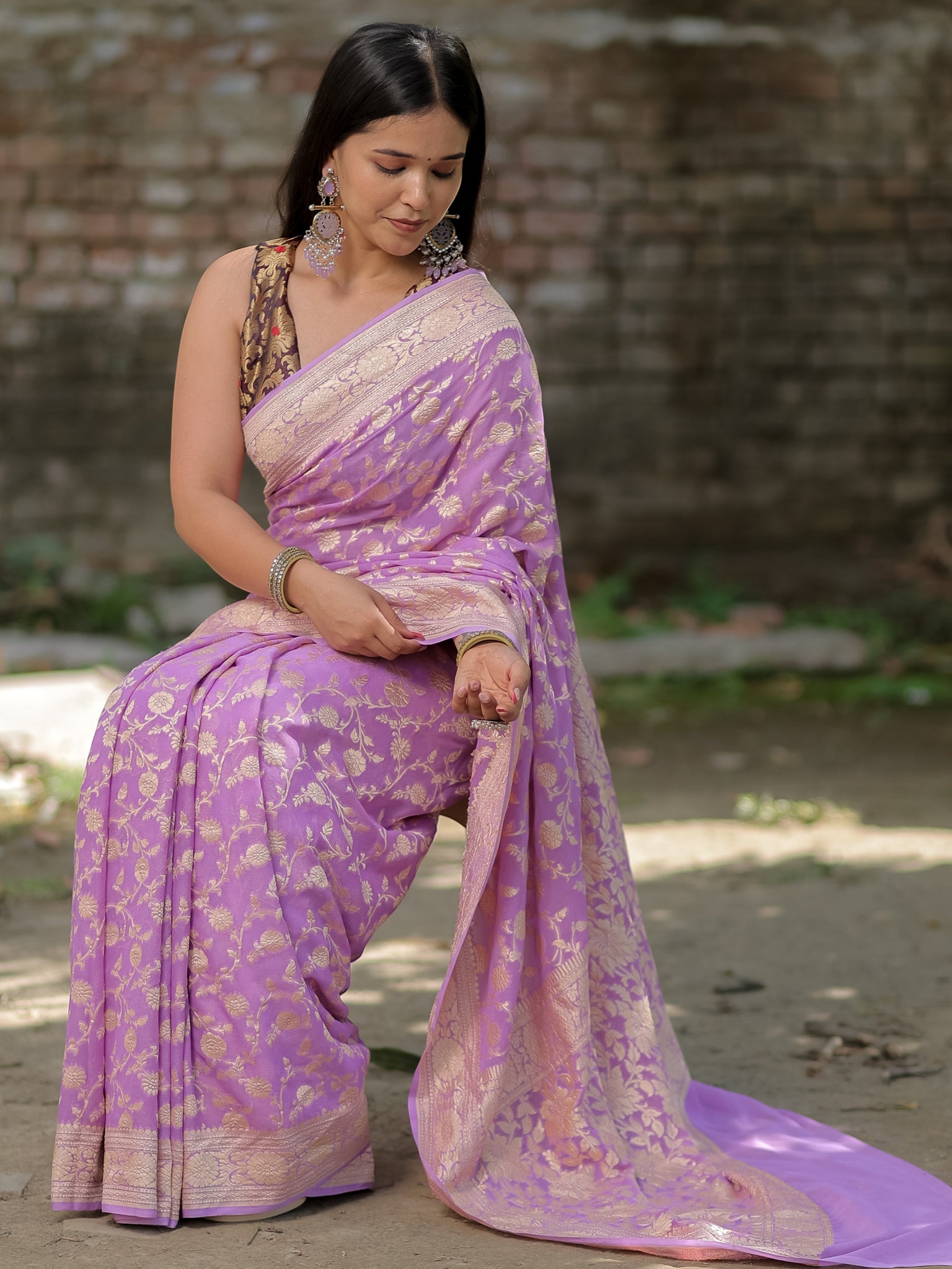 Banarasi Pure Khaddi Georgette Saree With Floral Weaving- Lavender