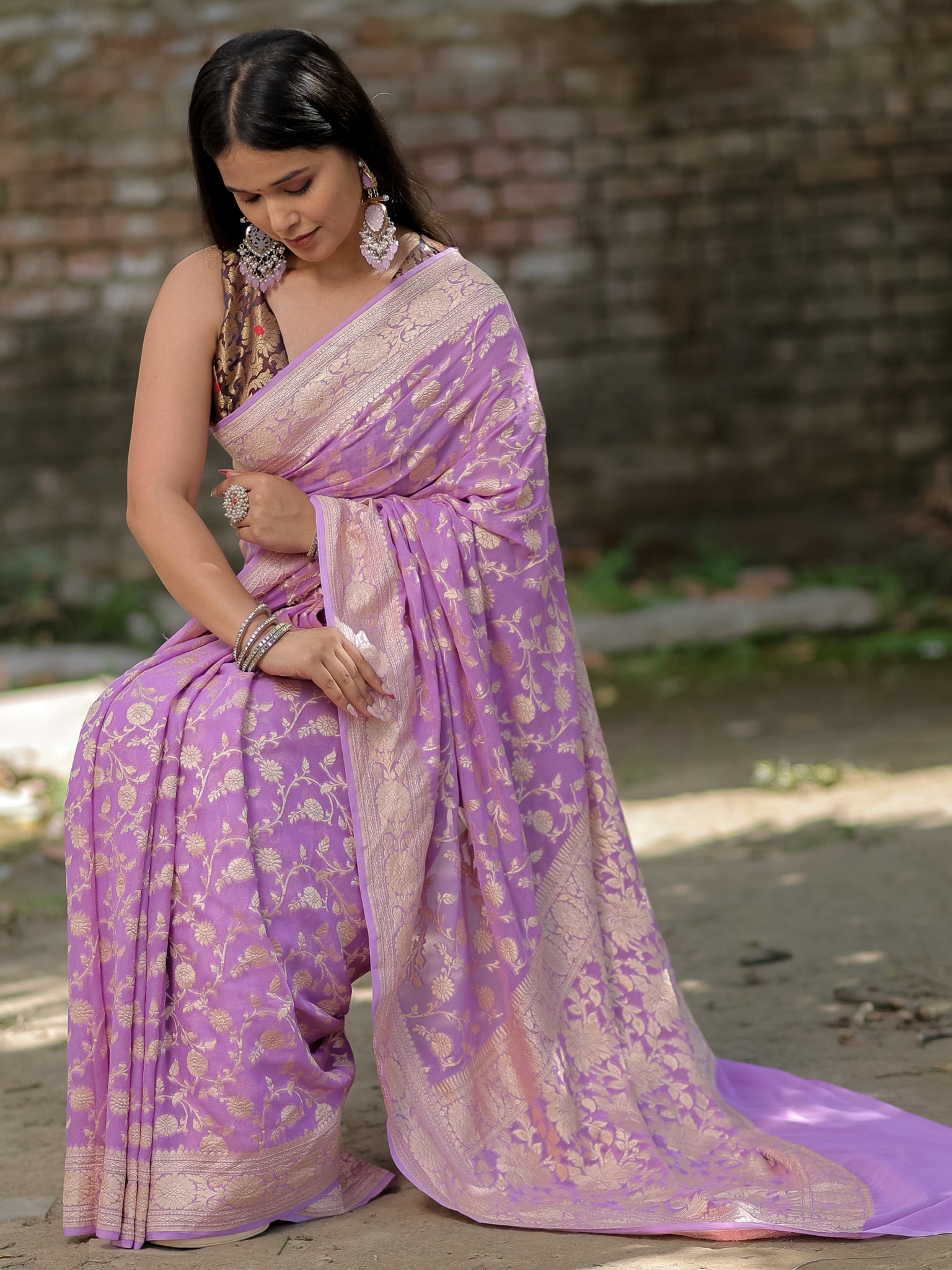 Banarasi Pure Khaddi Georgette Saree With Floral Weaving- Lavender