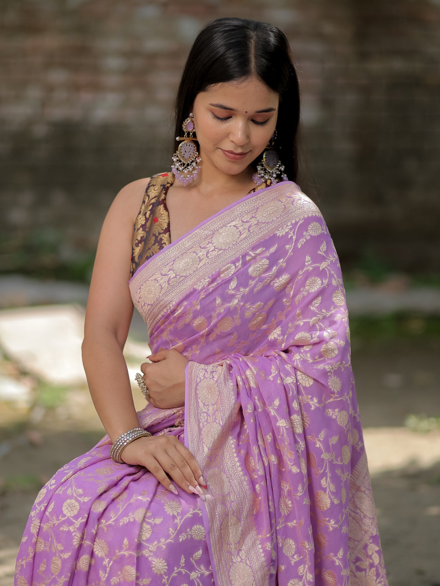 Banarasi Pure Khaddi Georgette Saree With Floral Weaving- Lavender
