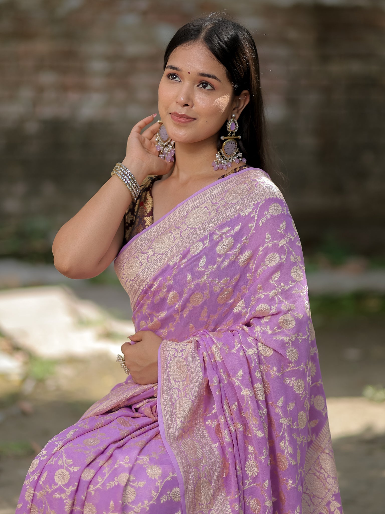 Banarasi Pure Khaddi Georgette Saree With Floral Weaving- Lavender