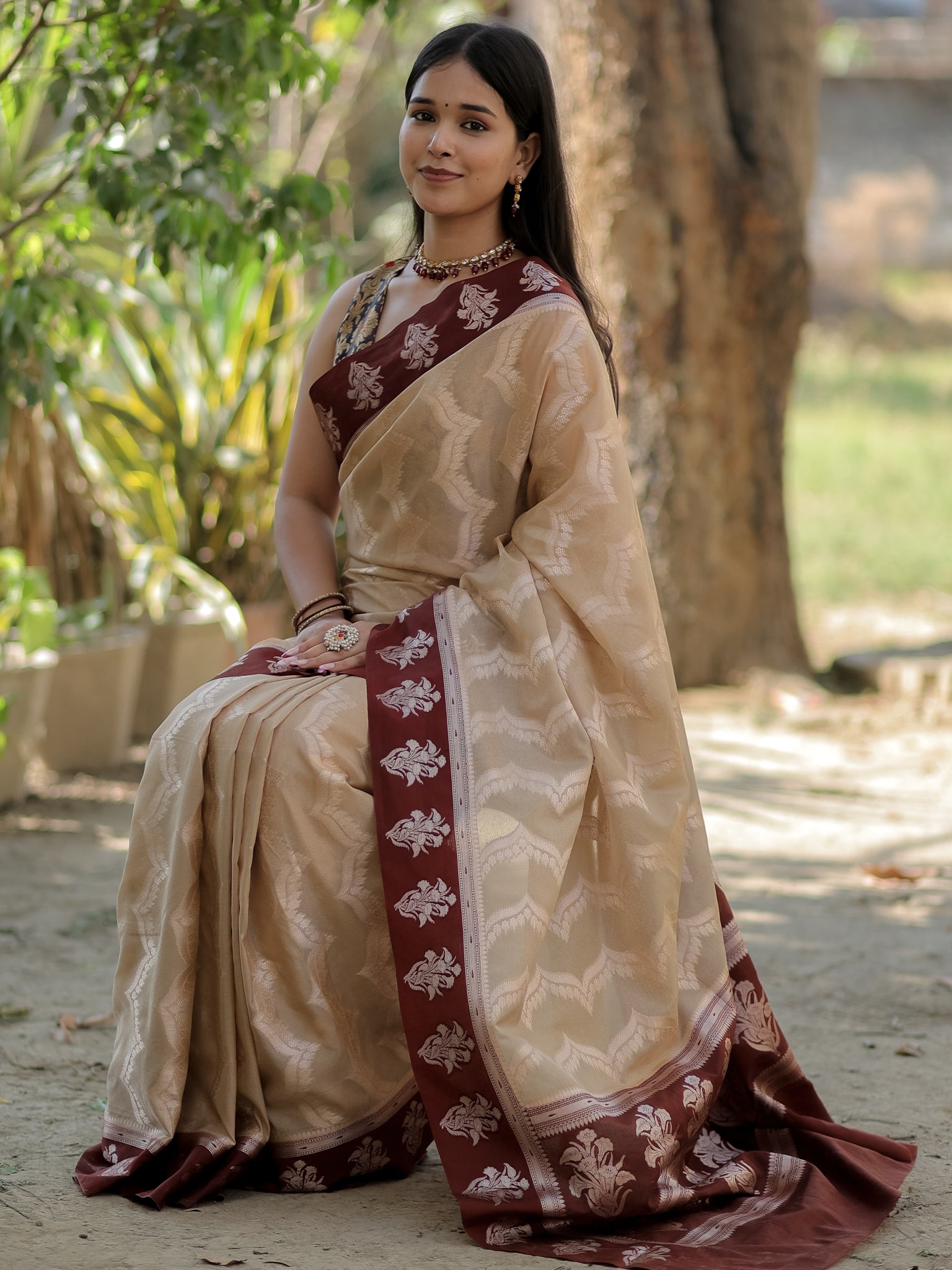 Banarasi Semi Silk Saree With Silver Zari Weaving & Contrast Border- Beige
