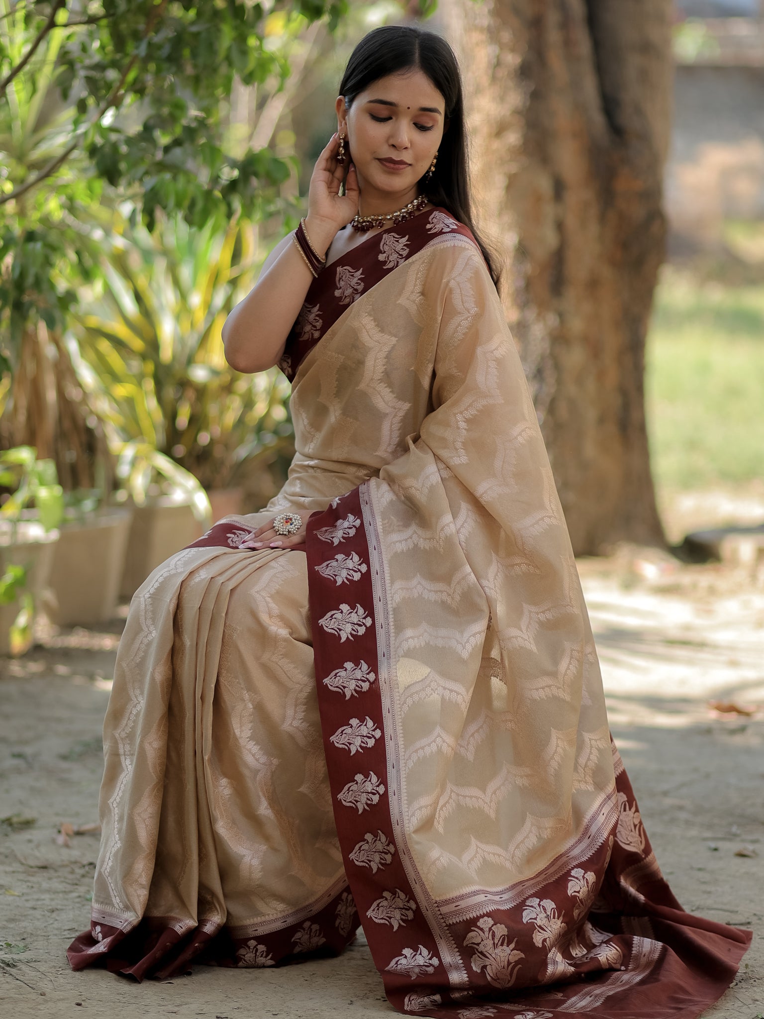 Banarasi Semi Silk Saree With Silver Zari Weaving & Contrast Border- Beige