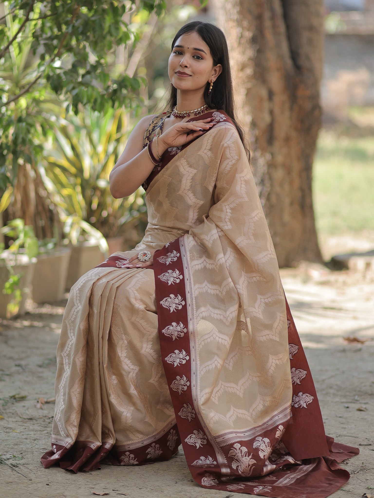 Banarasi Semi Silk Saree With Silver Zari Weaving & Contrast Border- Beige