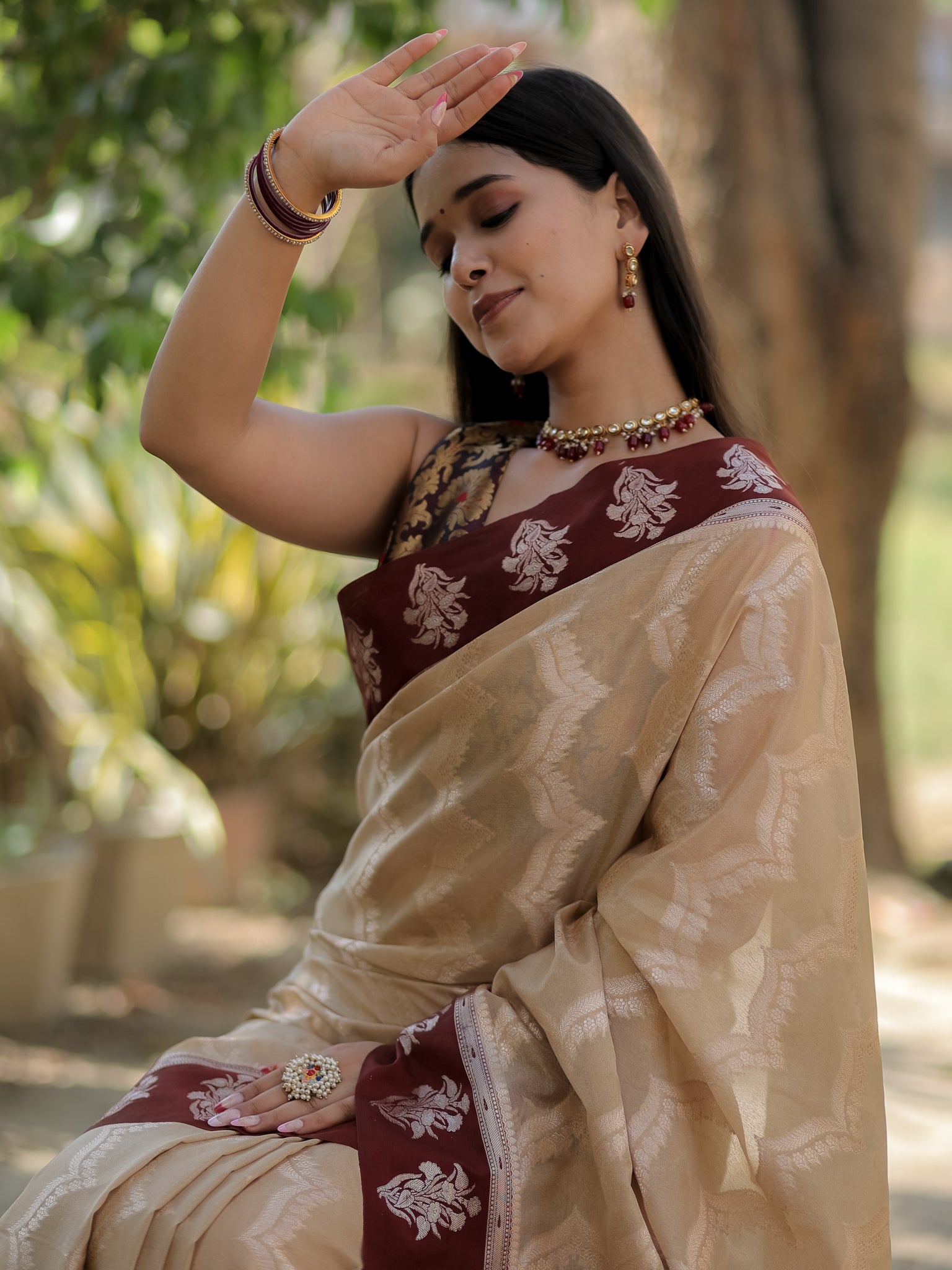 Banarasi Semi Silk Saree With Silver Zari Weaving & Contrast Border- Beige
