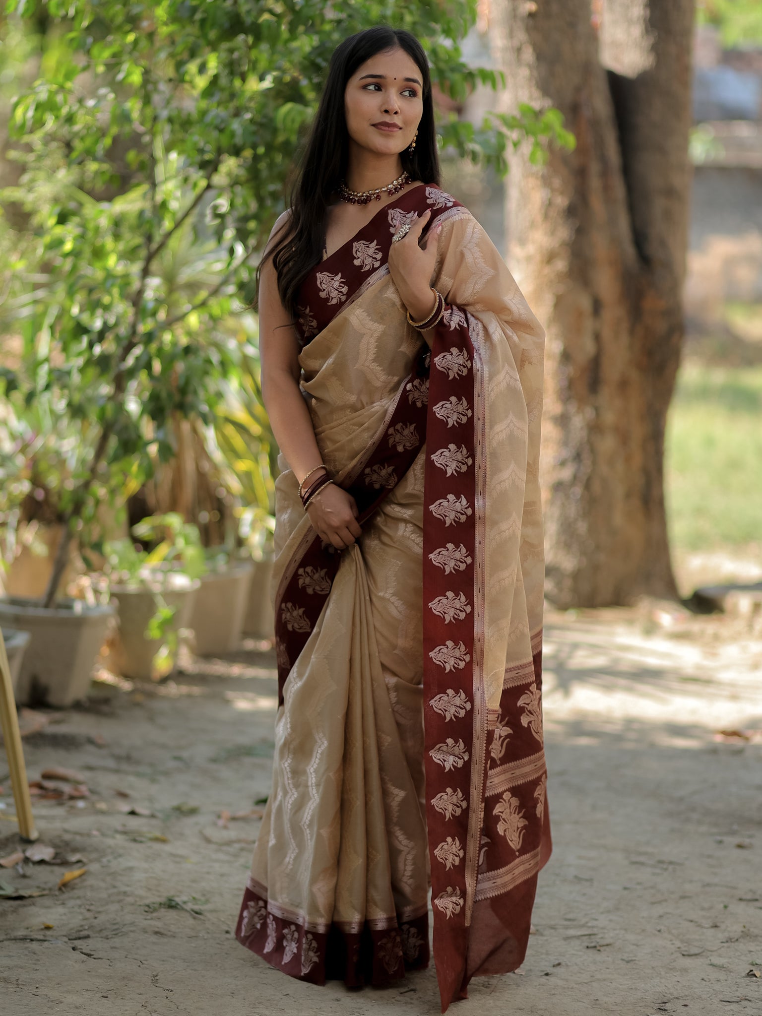 Banarasi Semi Silk Saree With Silver Zari Weaving & Contrast Border- Beige