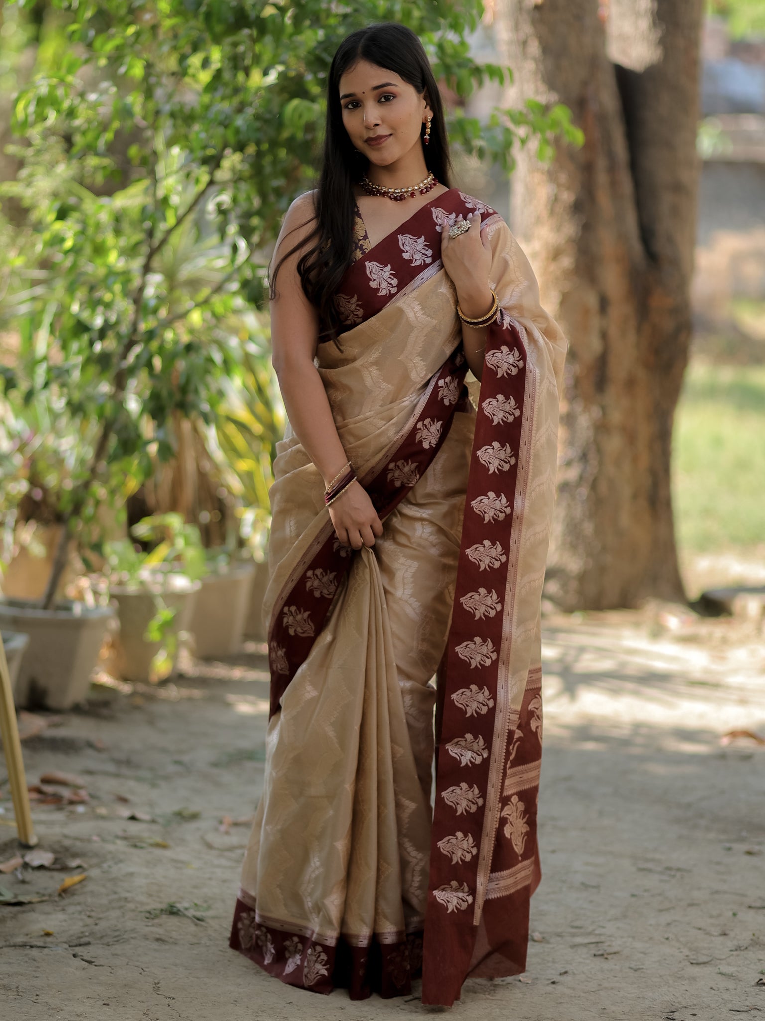 Banarasi Semi Silk Saree With Silver Zari Weaving & Contrast Border- Beige