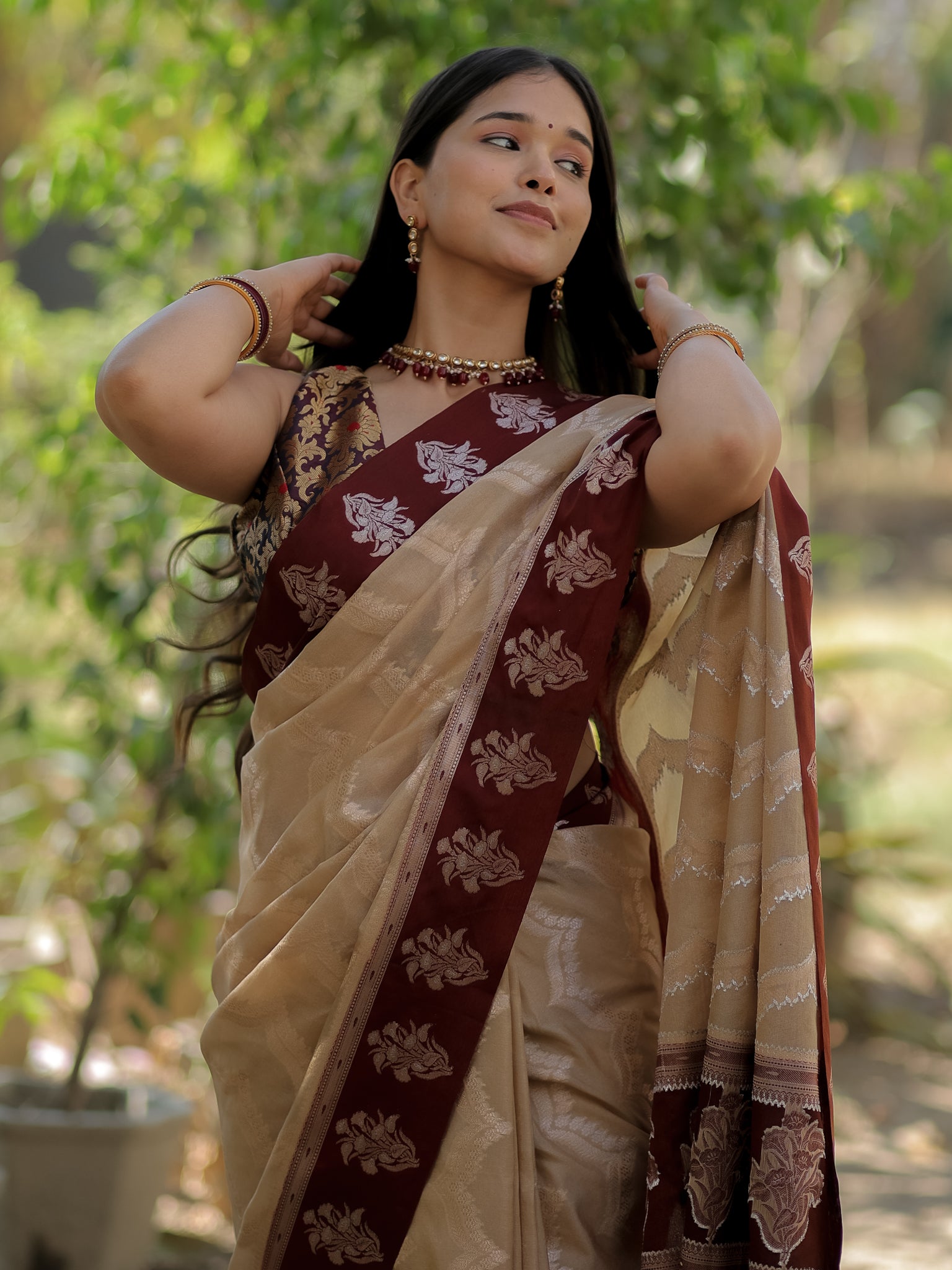 Banarasi Semi Silk Saree With Silver Zari Weaving & Contrast Border- Beige