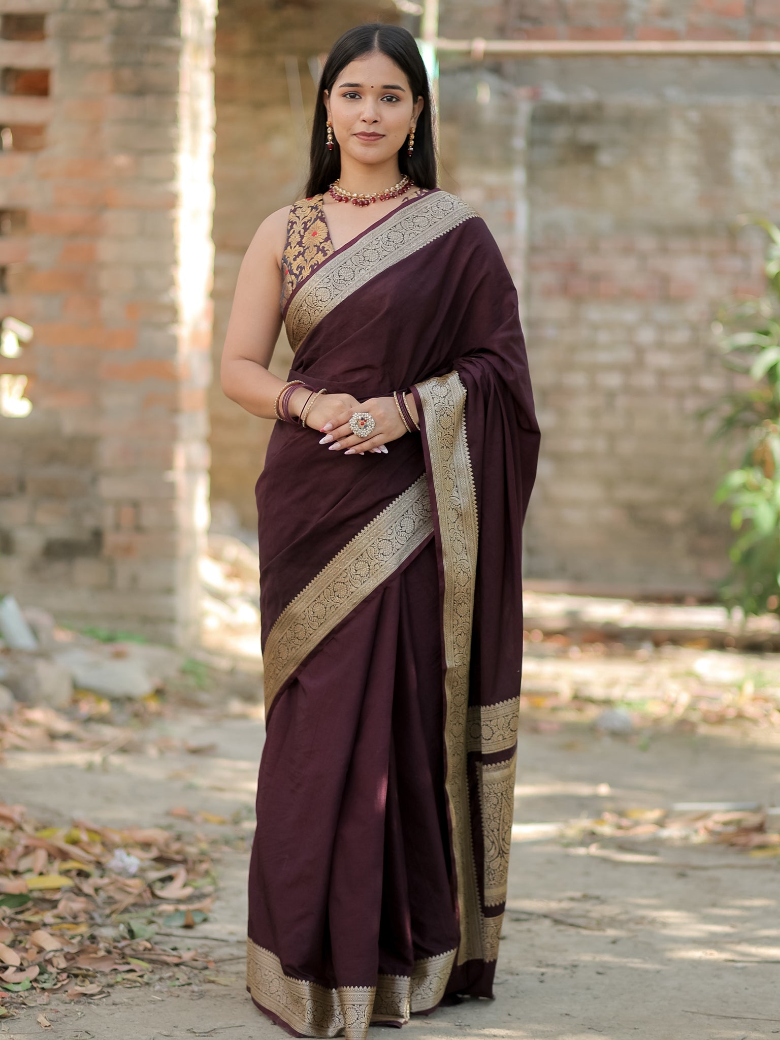Banarasi Semi Silk Plain Saree With Weaving & Border- Wine
