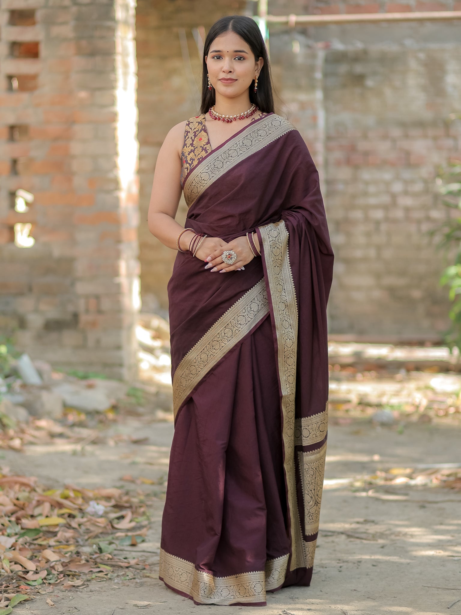 Banarasi Semi Silk Plain Saree With Weaving & Border- Wine